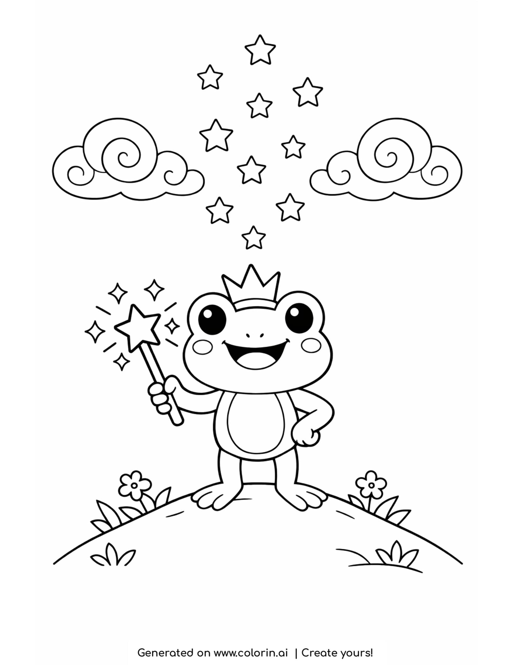frog holding wand on a hill with stars and clouds coloring page