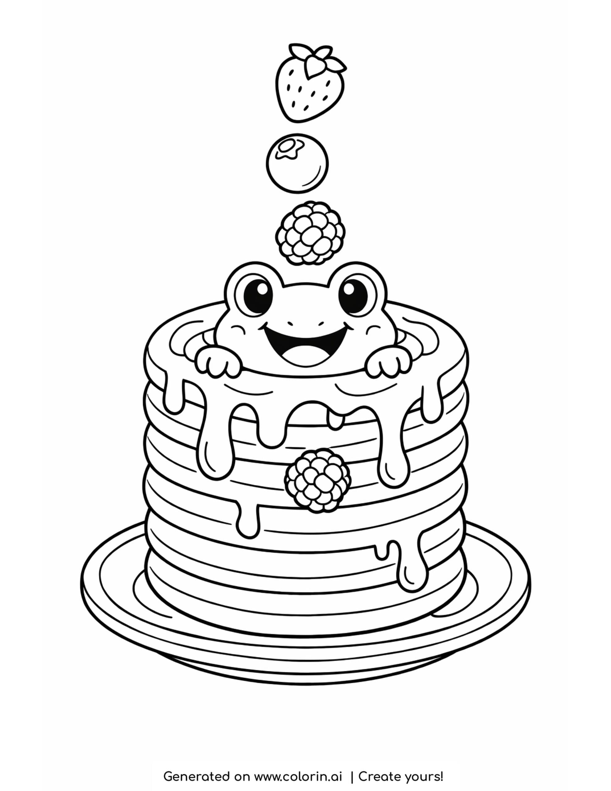 frog in pancake stack coloring page with syrup dripping and berries falling coloring page