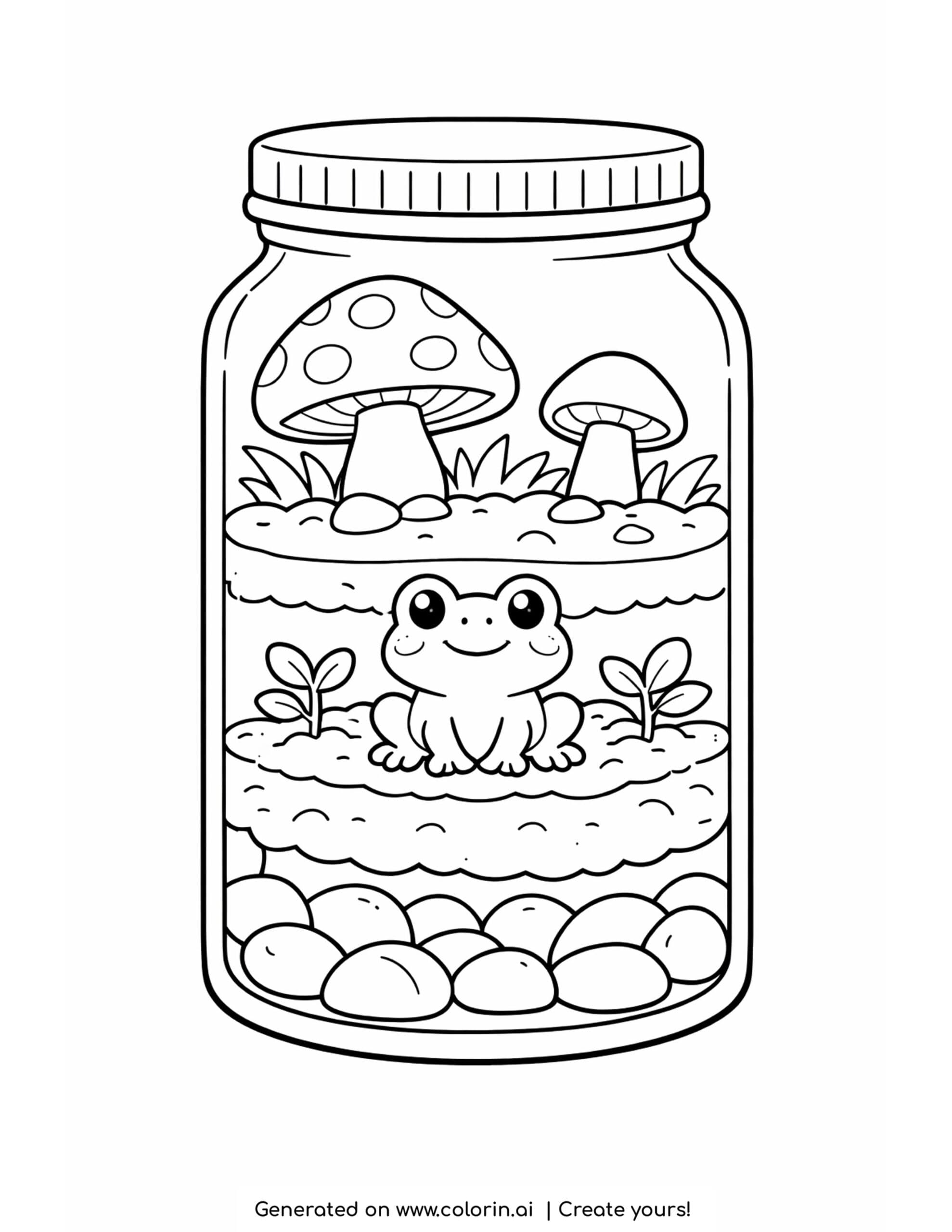 frog inside a glass jar with plants and mushrooms coloring page