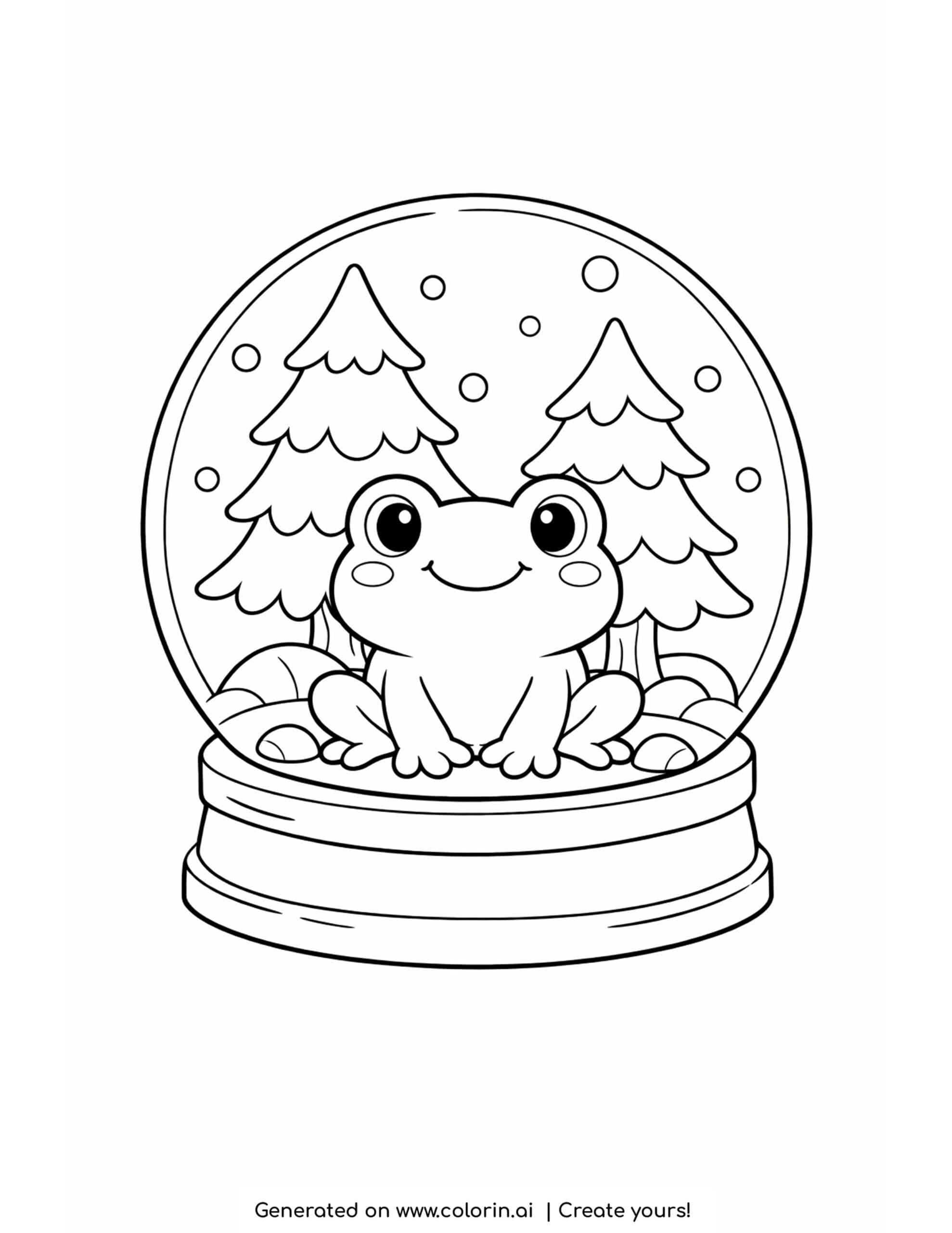 frog inside snow globe coloring page with trees and small rocks