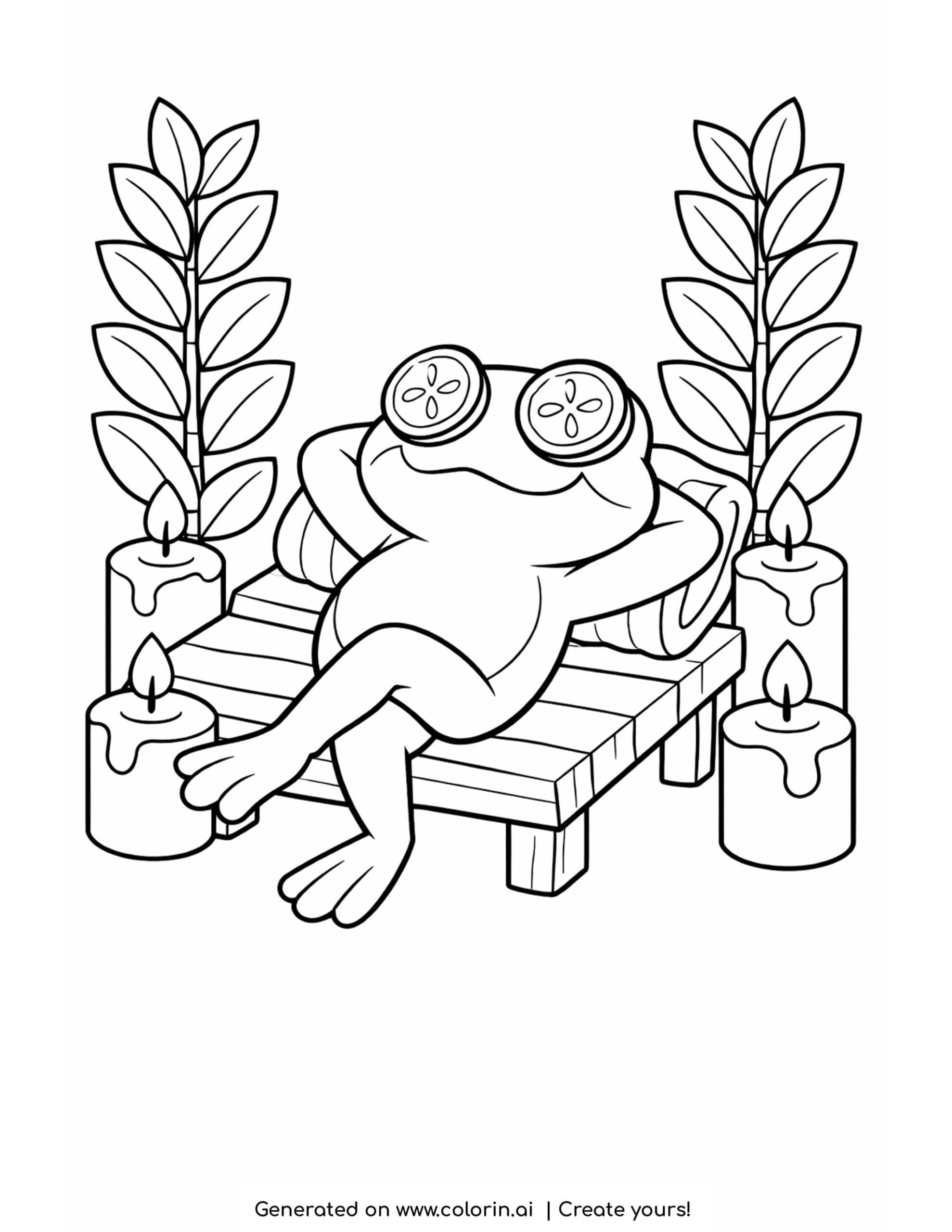 frog relaxing on bench with cucumber slices and candles coloring page