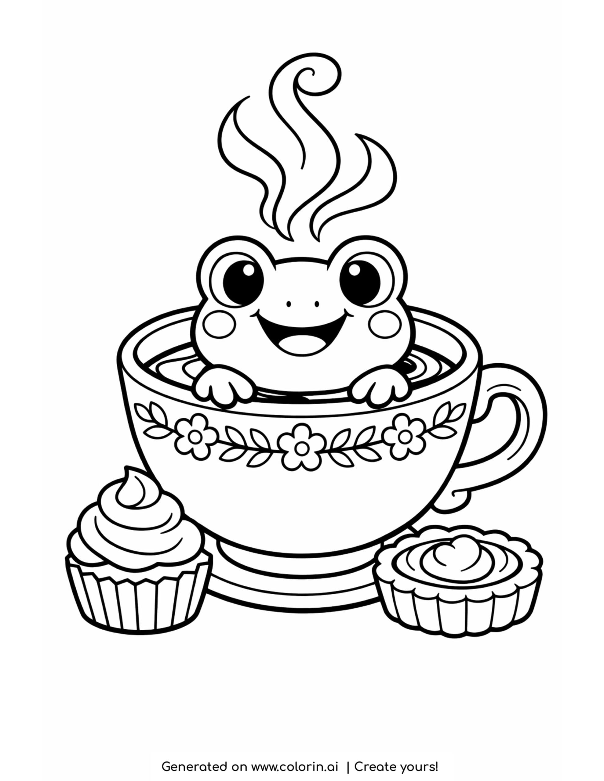 frog sitting in teacup coloring page with steam and small pastries around coloring page