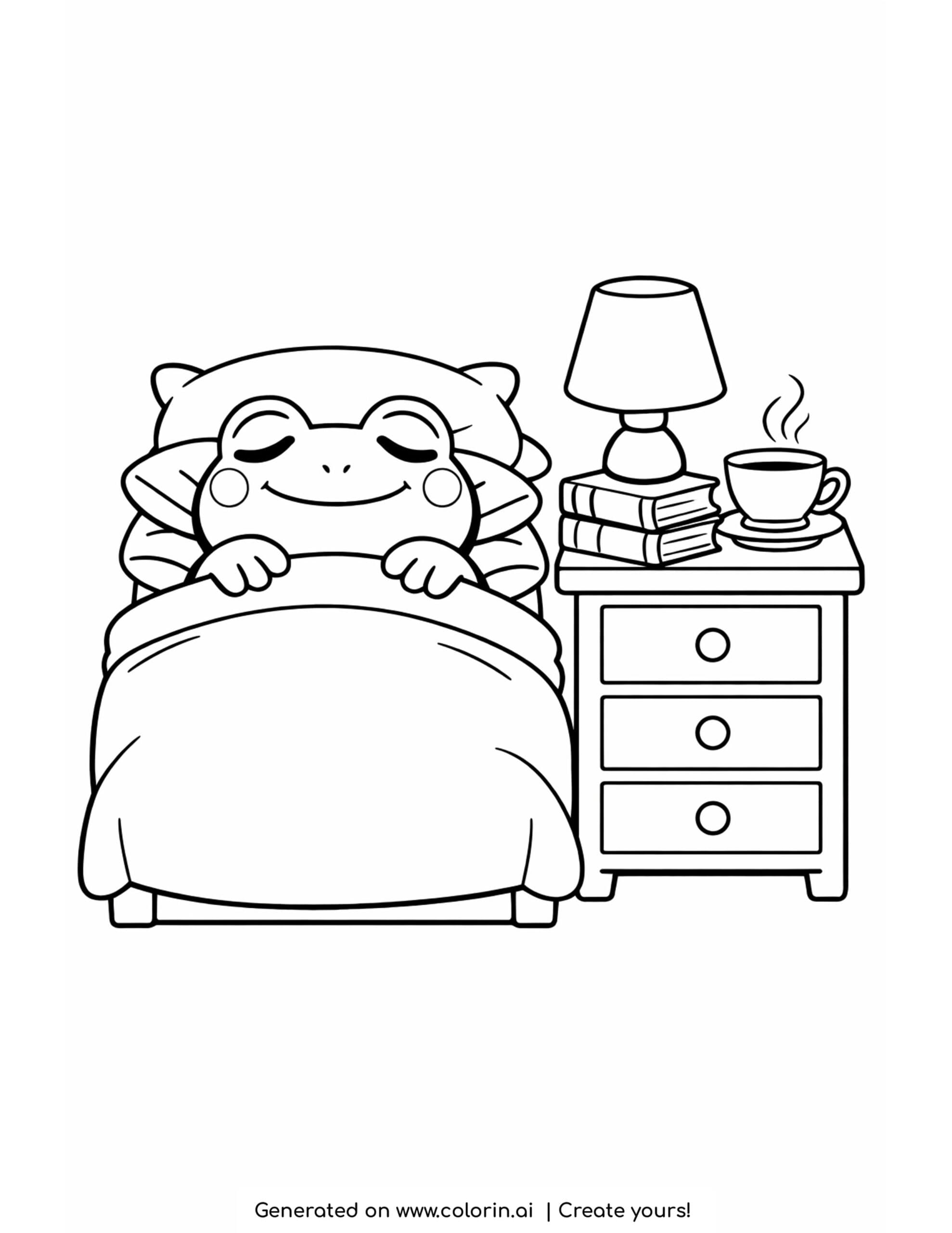 frog sleeping in bed coloring page cozy frog resting with pillows bedside table and tea
