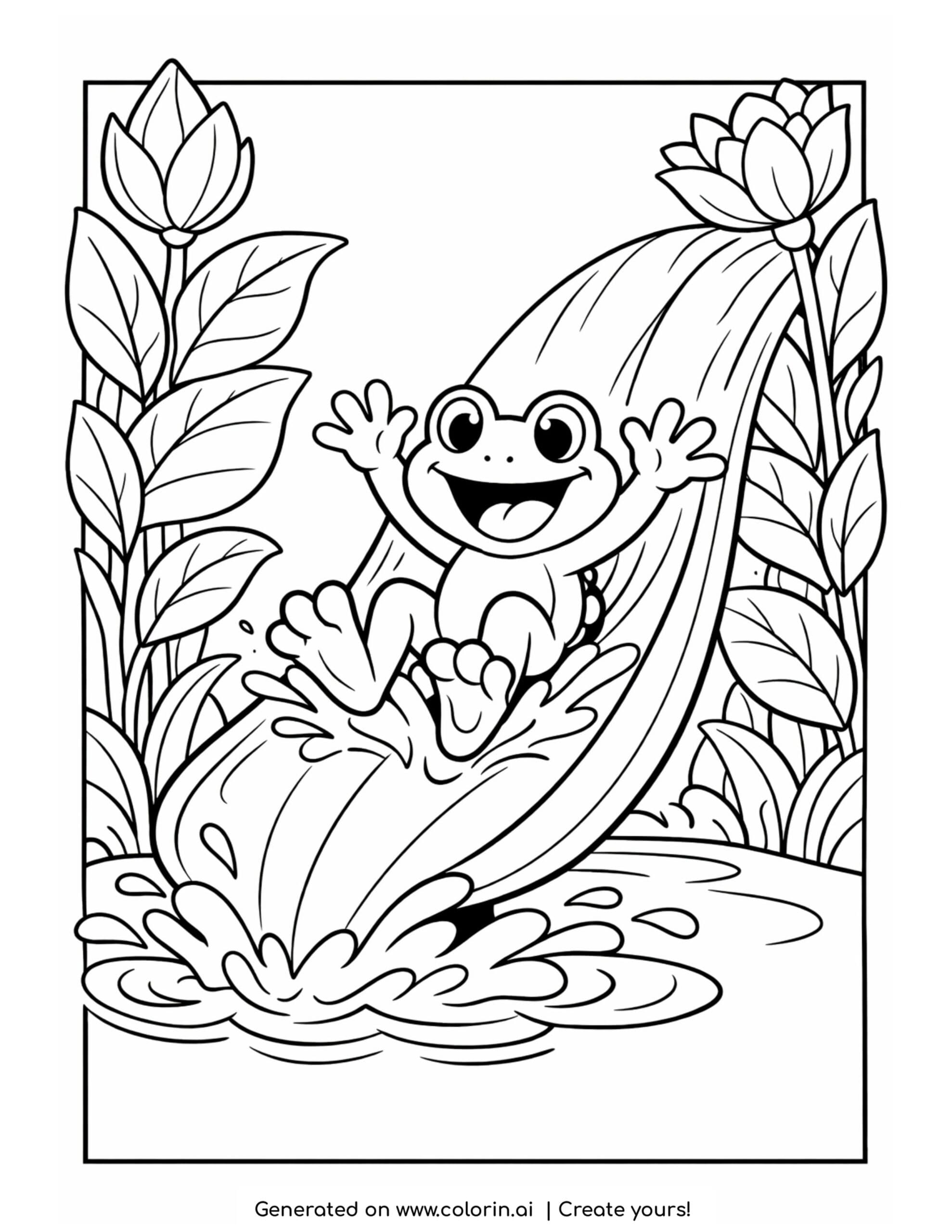 frog sliding down leaf coloring page with water splash and plants
