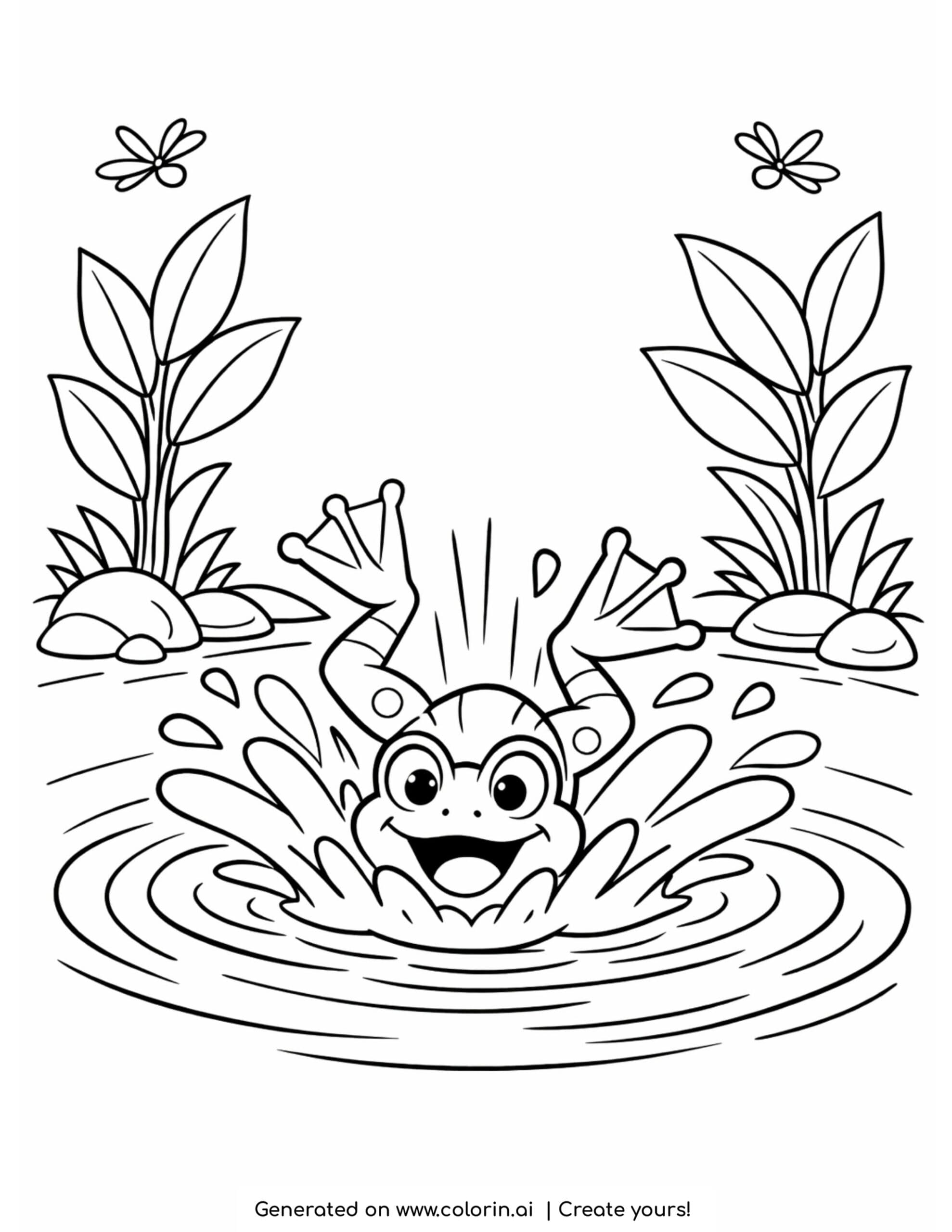 frog splashing into pond coloring page with water ripples and plants