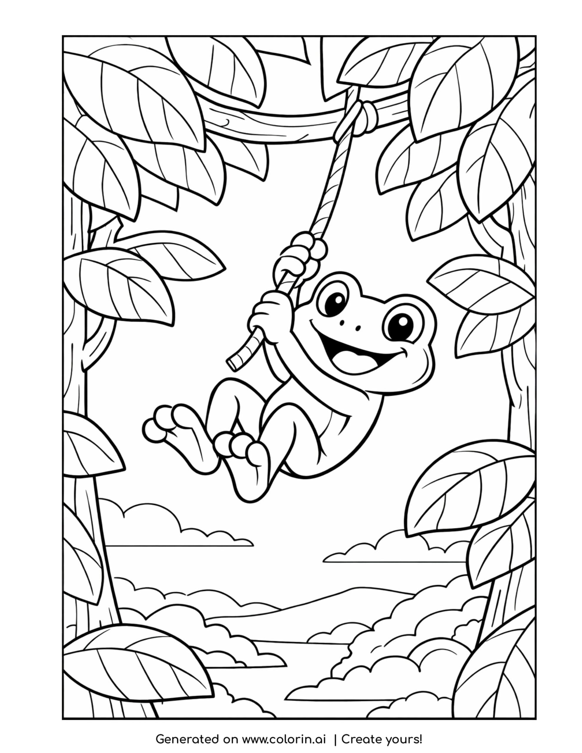 frog swinging from vine coloring page with jungle leaves and branches