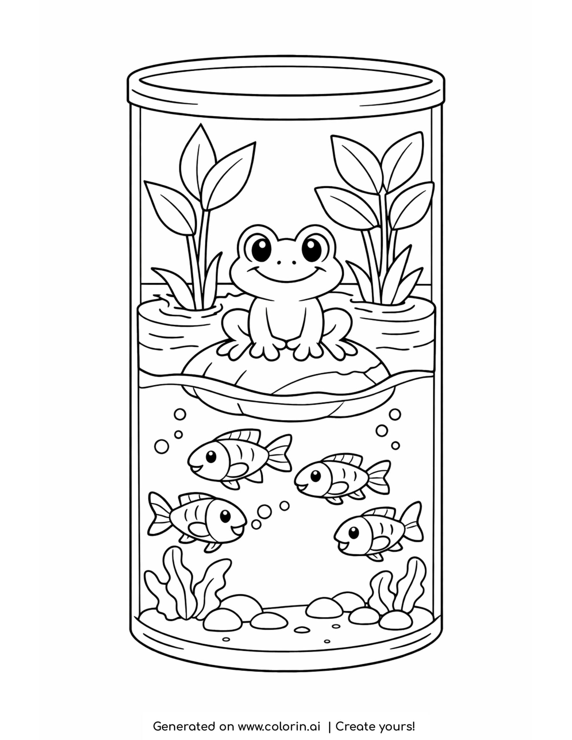 frog with fish aquarium coloring page with plants and water scene