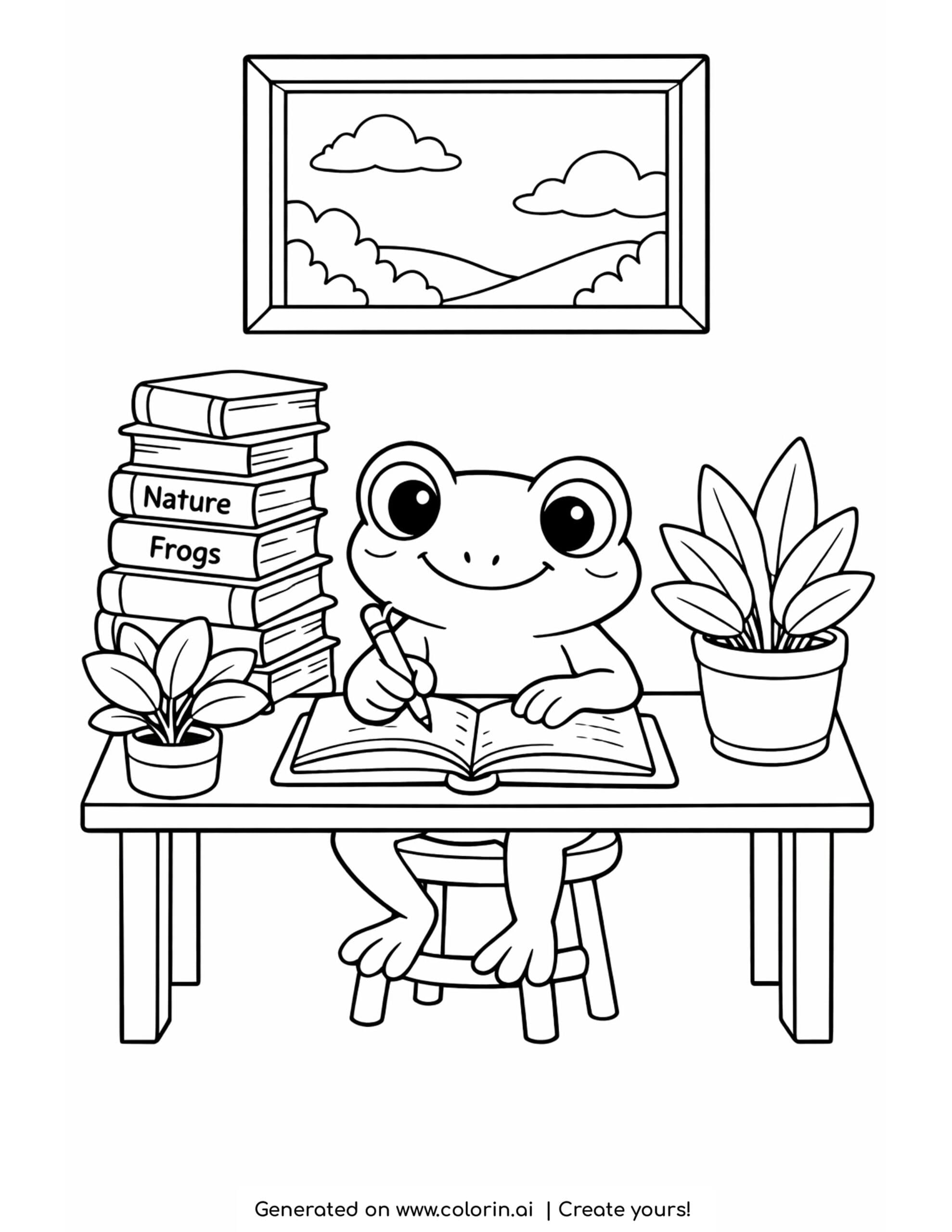 frog writing at desk with books and plants coloring page