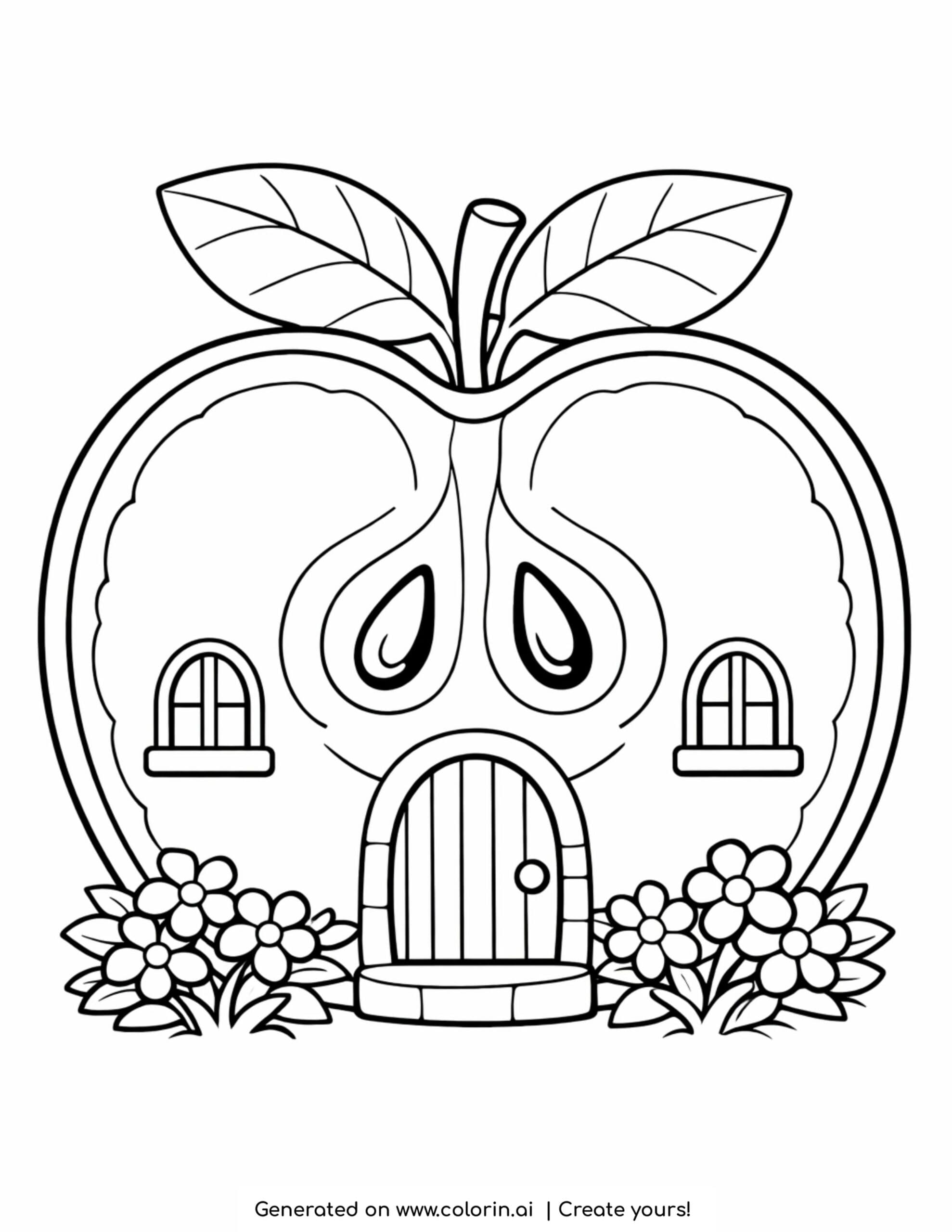 house inside sliced apple coloring page with seeds and leaves