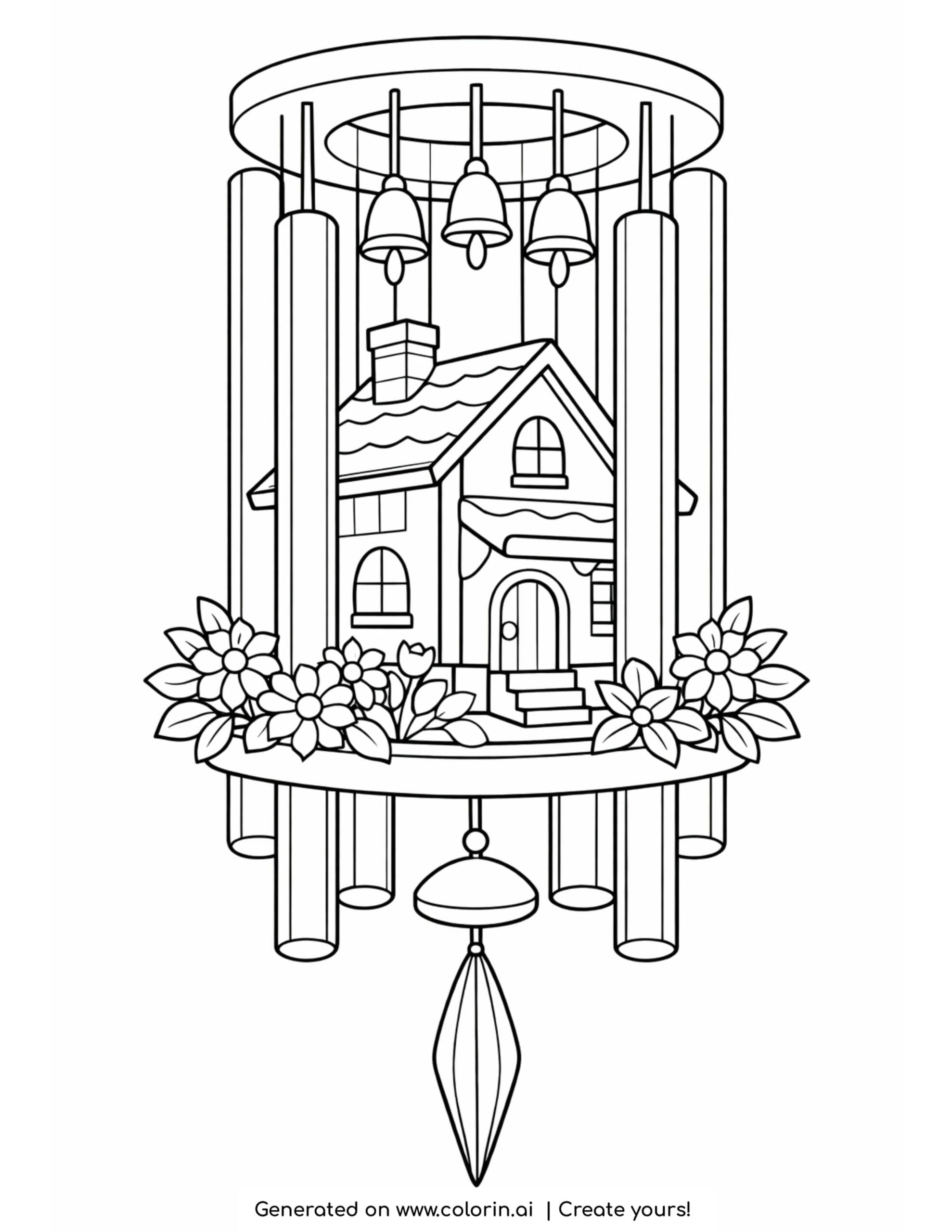 house inside wind chime coloring page with flowers and hanging bells