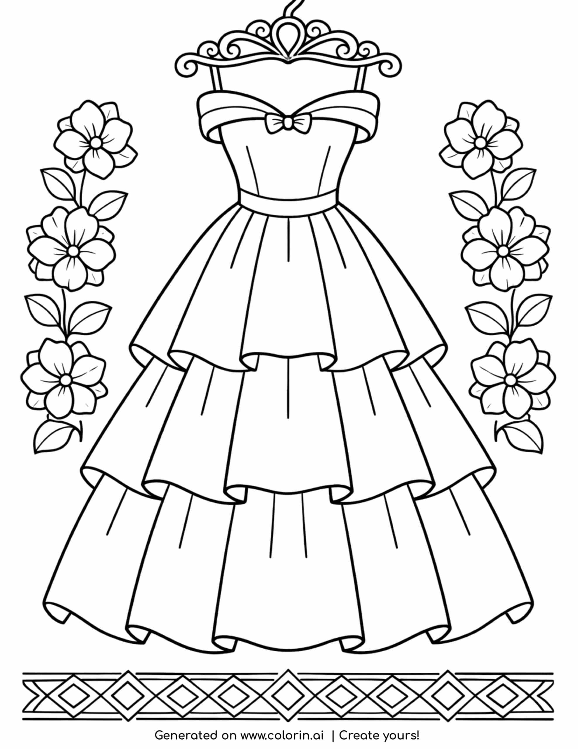 layered gown dress with floral decorations coloring page