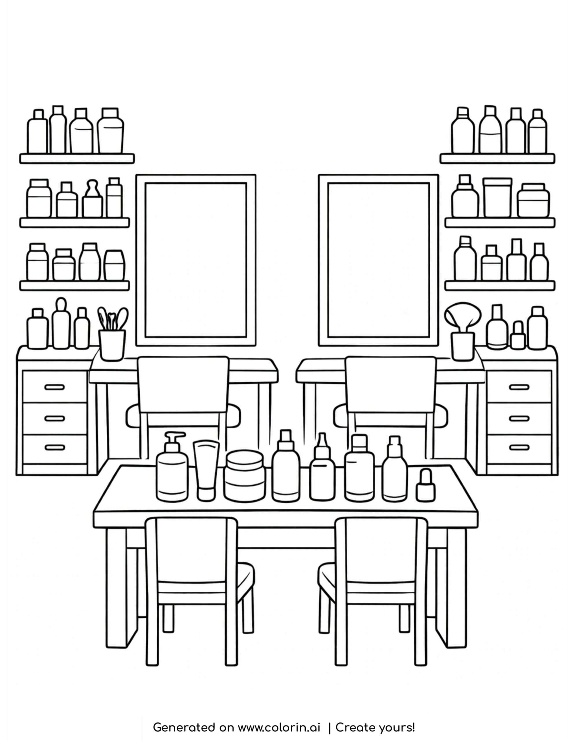 makeup studio with two vanity stations coloring page with mirrors shelves and beauty products