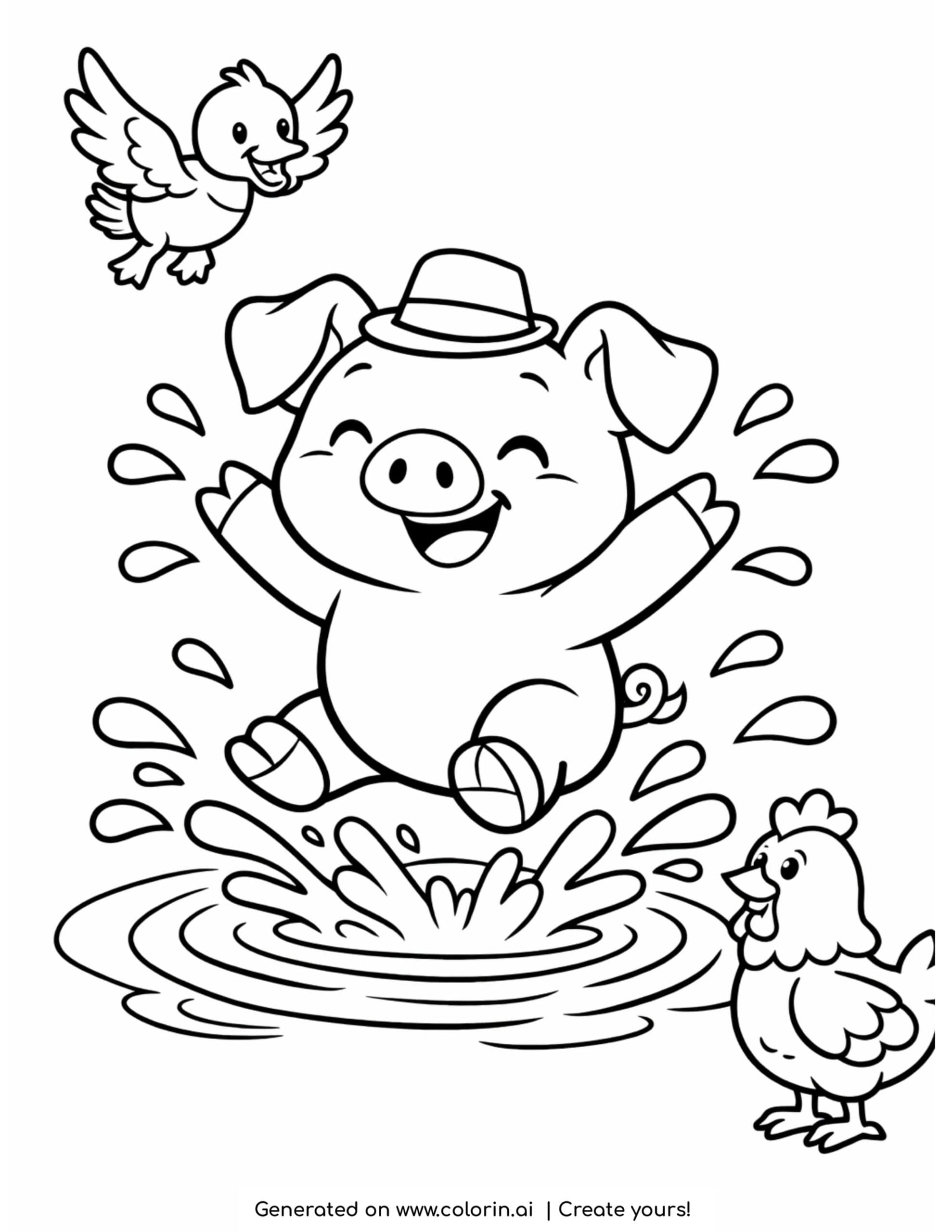 pig jumping in mud puddle coloring page with duck and chicken