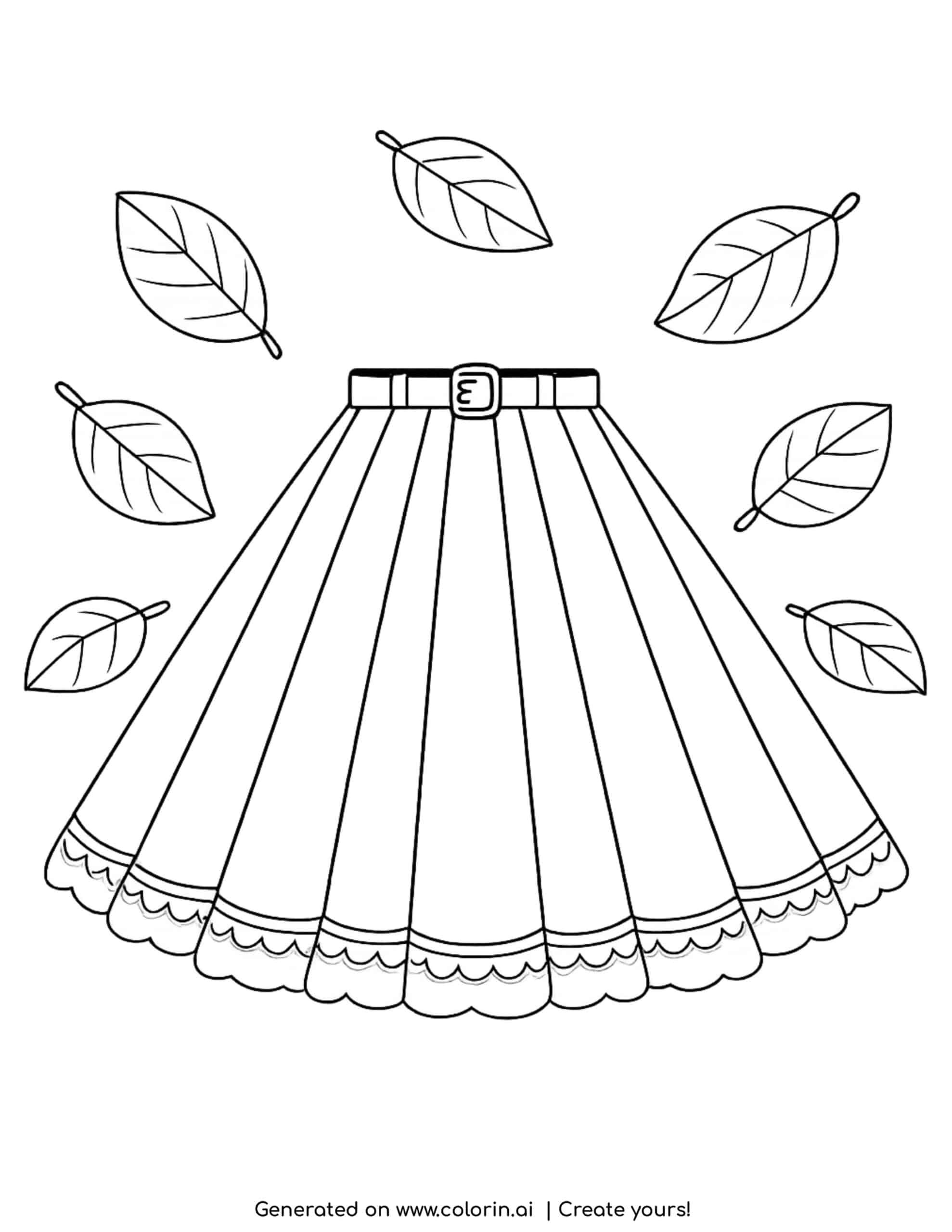 pleated skirt with belt and floating leaves coloring page