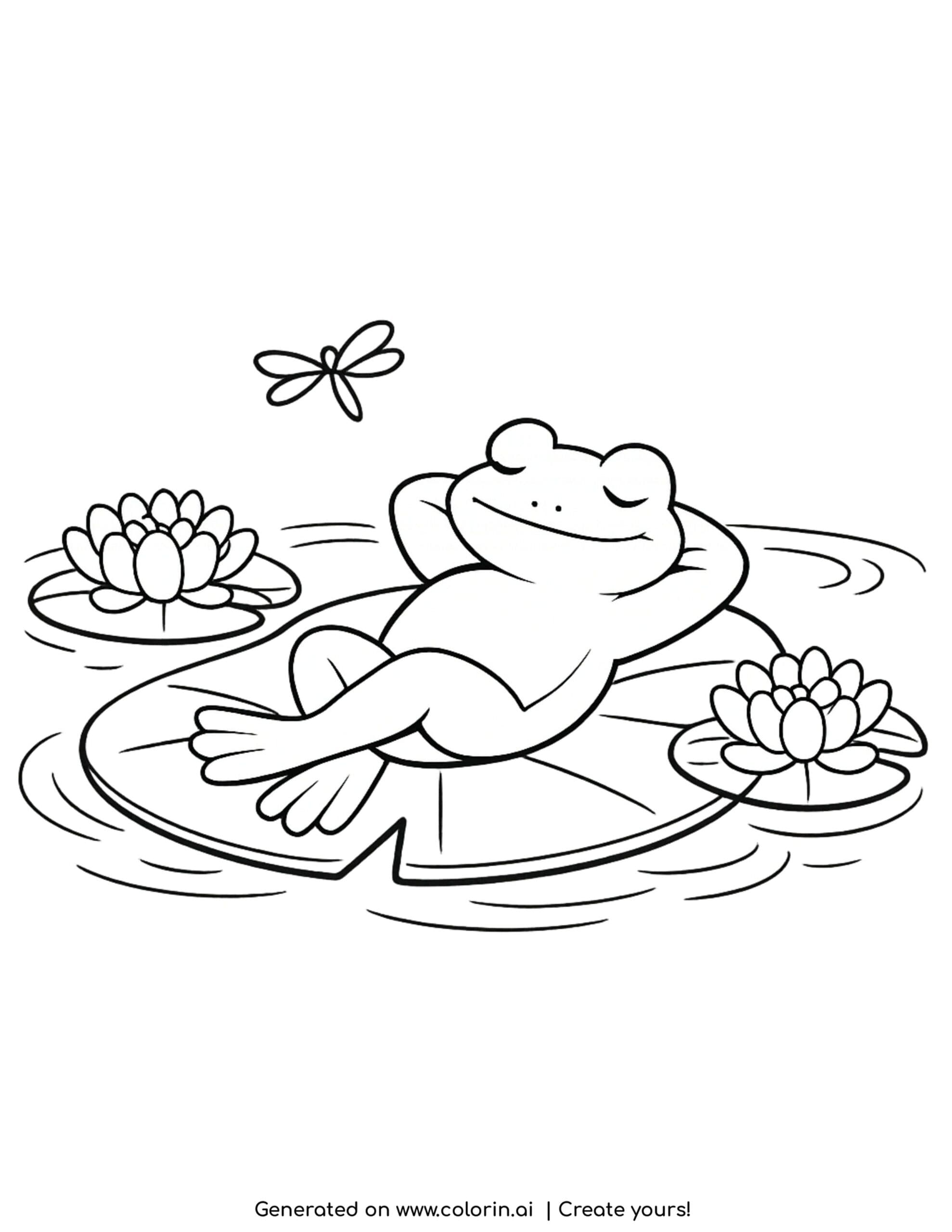 relaxed frog on lily pad coloring page floating on calm pond with flowers