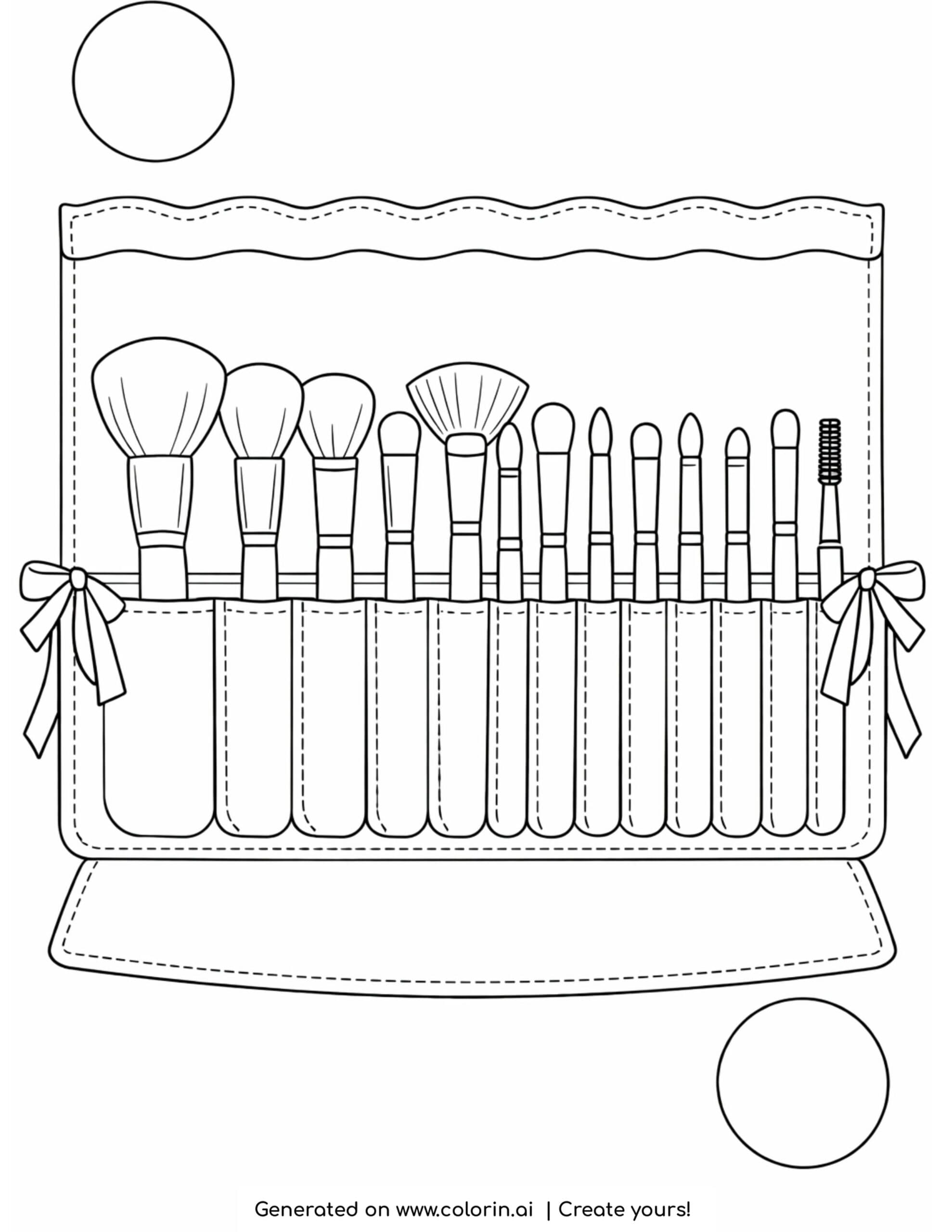 roll up makeup brush set coloring page with organized brushes in a case