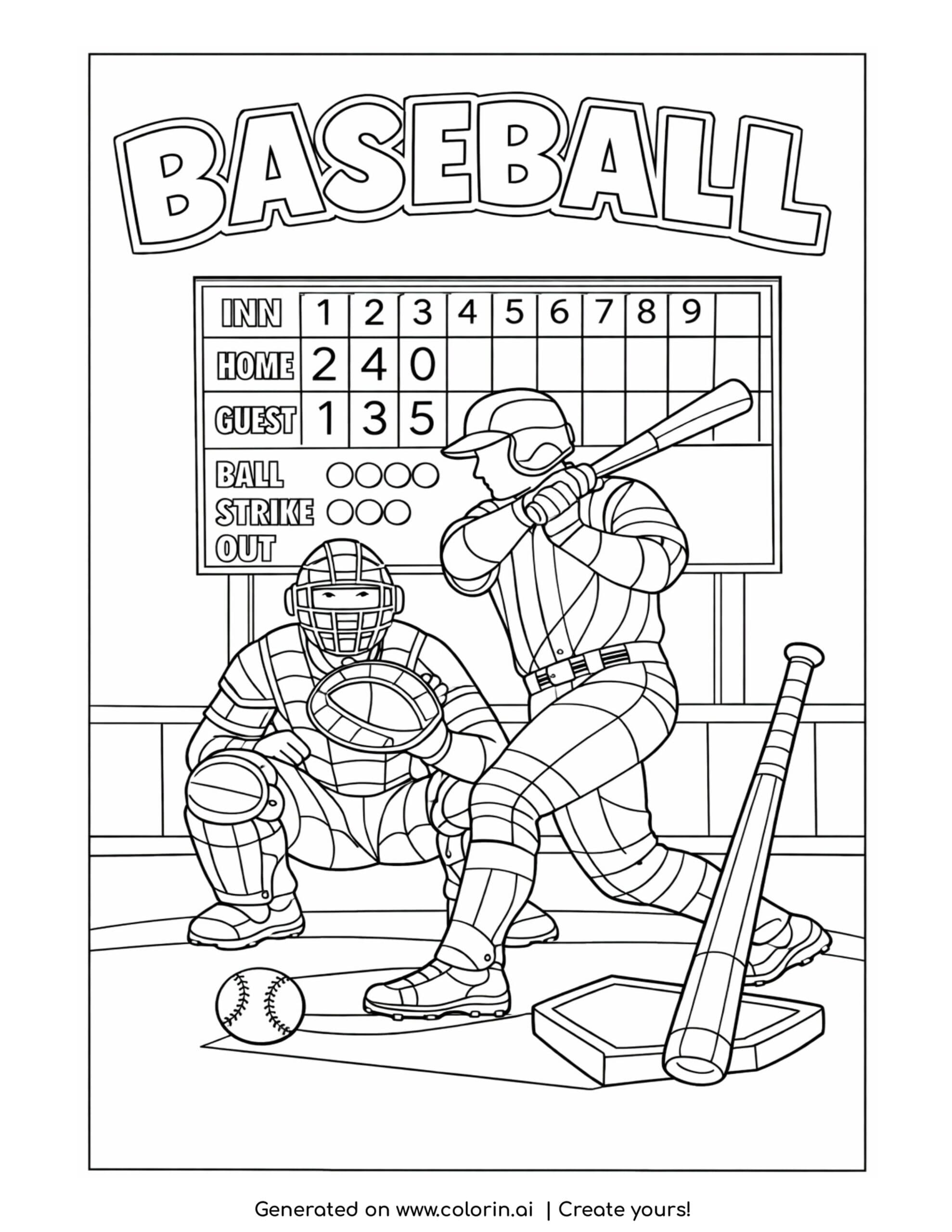 baseball batter mid swing coloring page with catcher and scoreboard in background