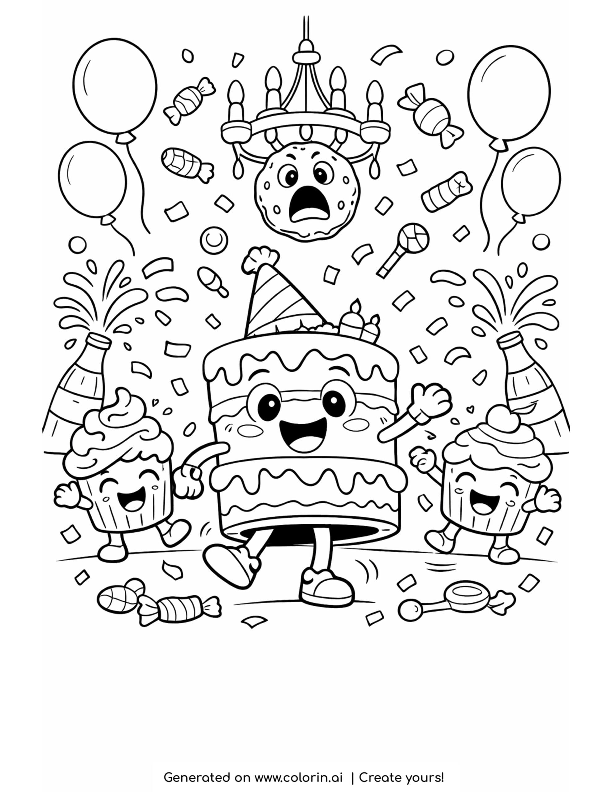 birthday cake parade coloring page with cupcakes balloons candy and confetti explosions