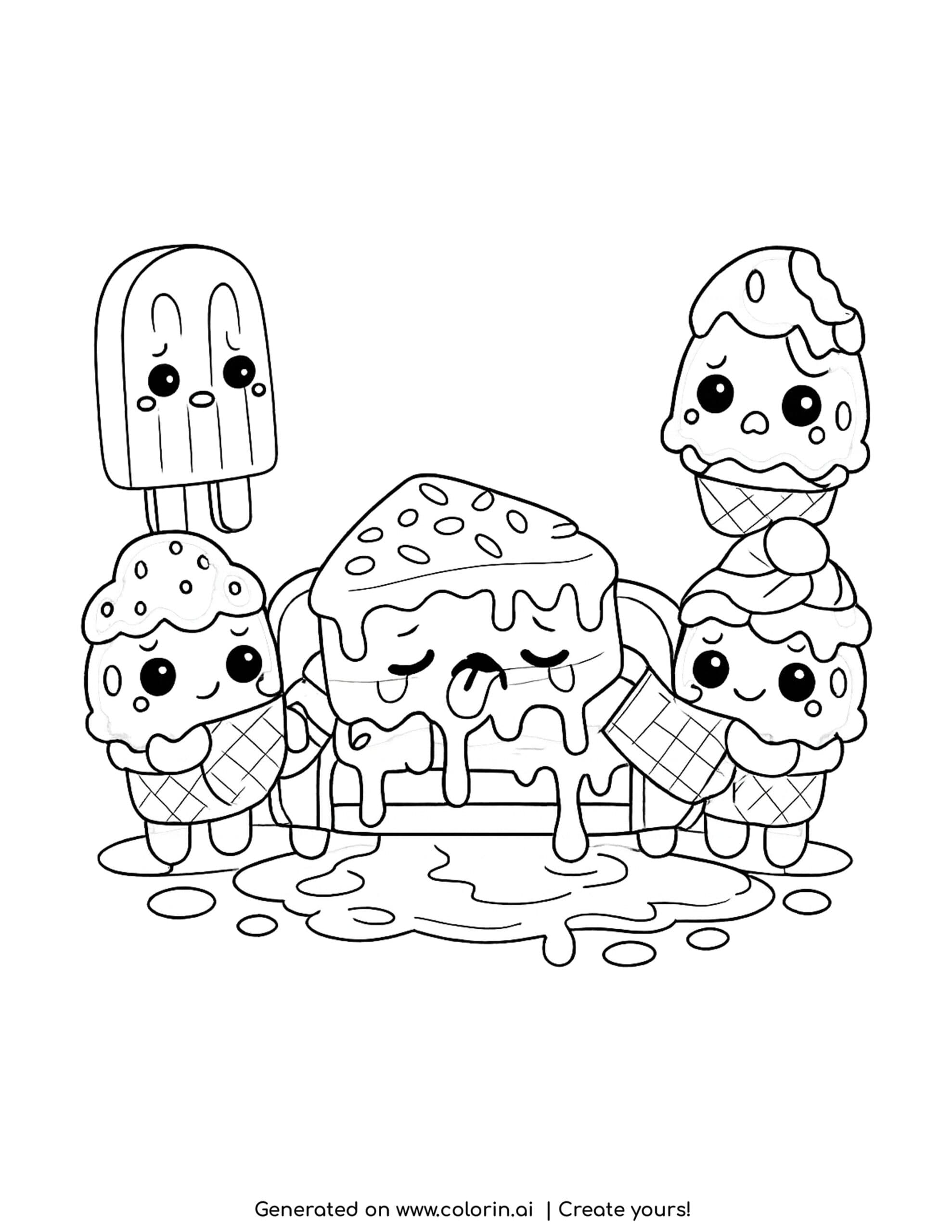 cake melting on couch coloring page with ice cream characters and syrup puddles