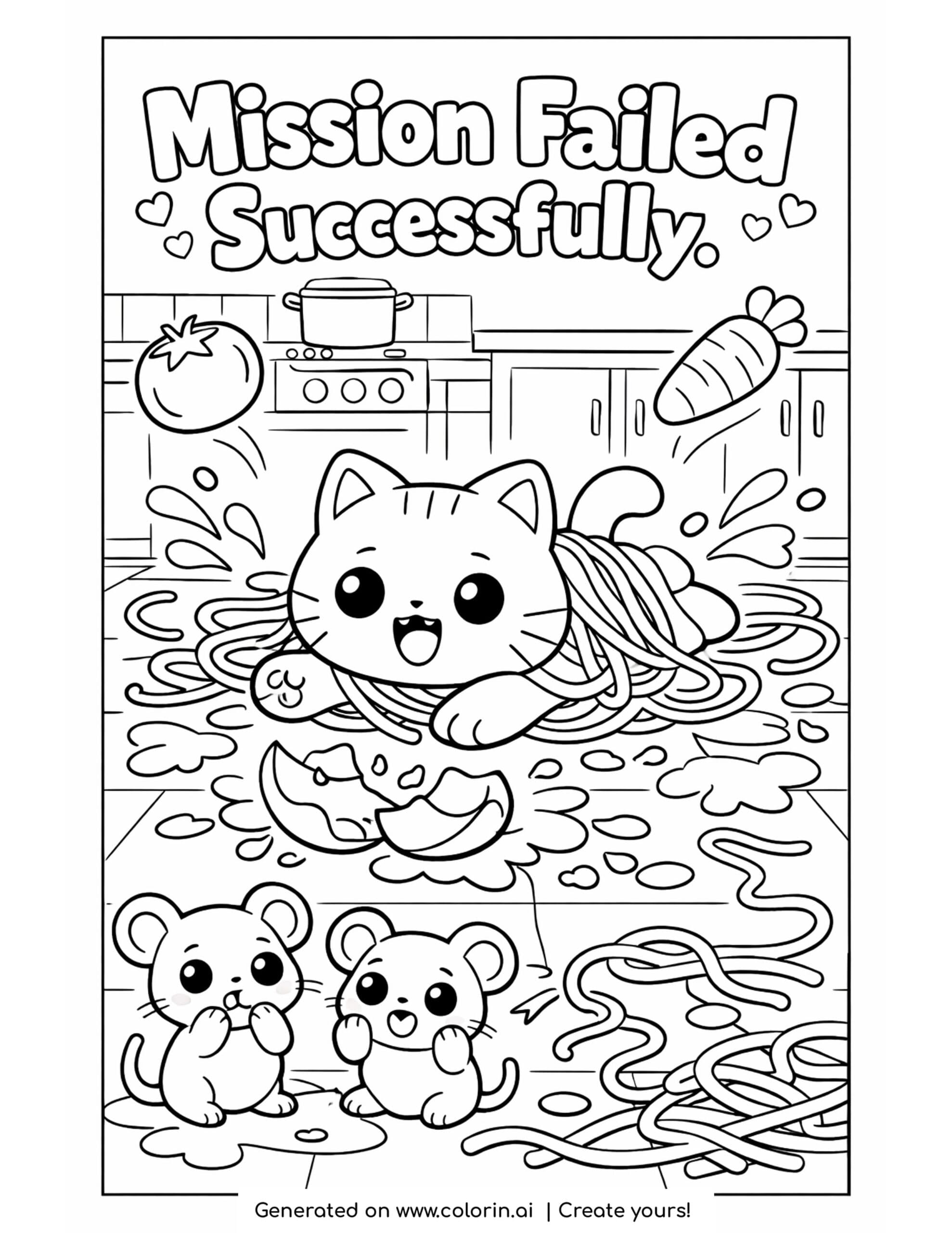 cat tangled in spaghetti coloring page with sauce splashes broken plate and surprised mice