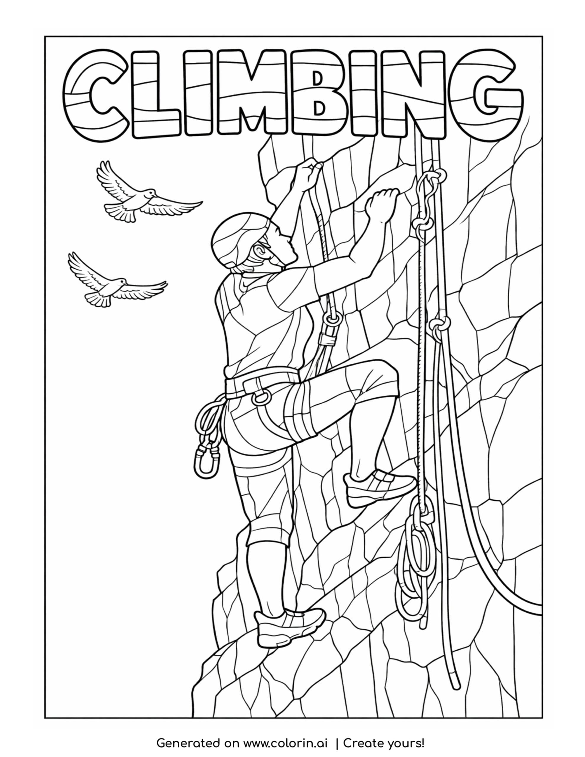 climber scaling rock wall coloring page with ropes and mountain scene