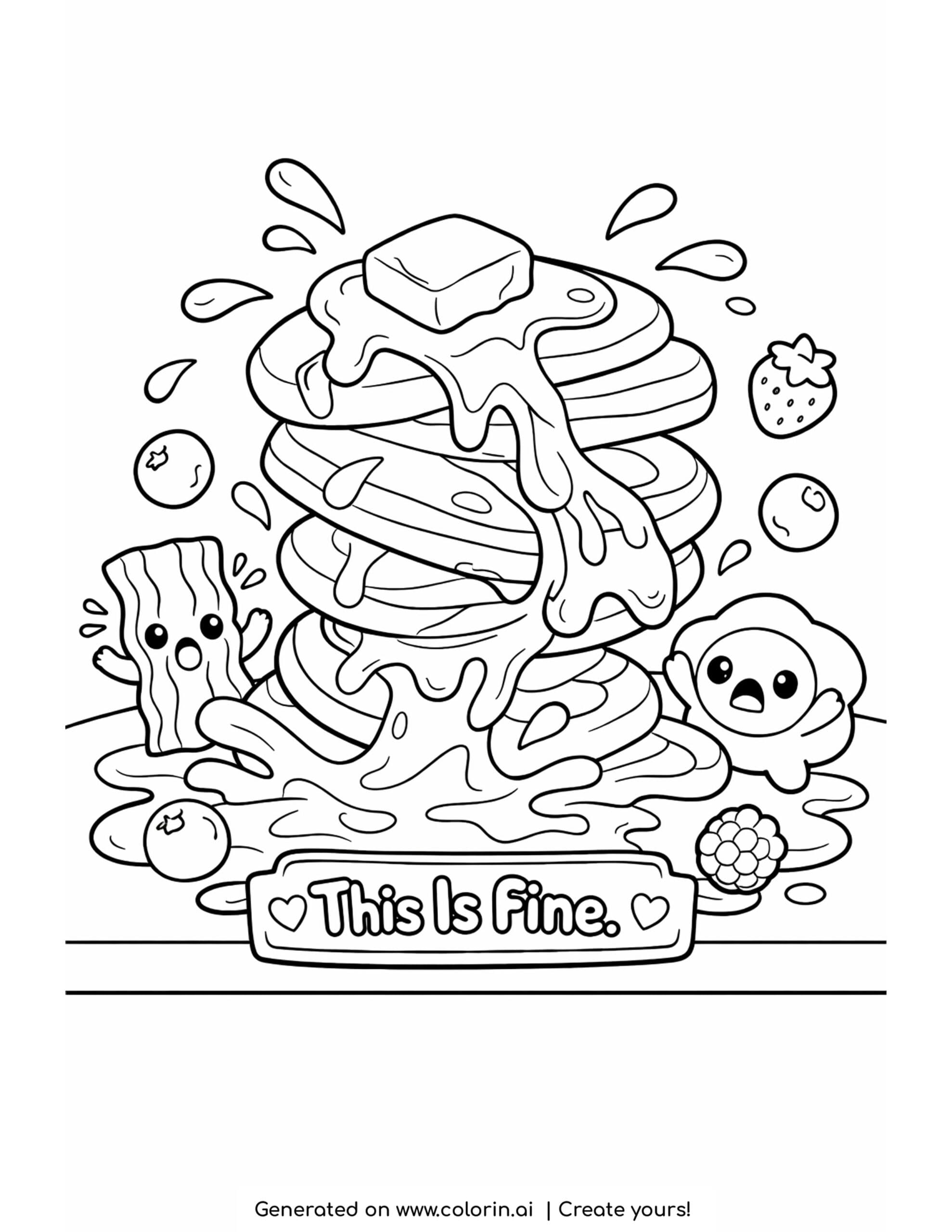collapsing pancake tower coloring page with dripping syrup berries and startled breakfast snacks