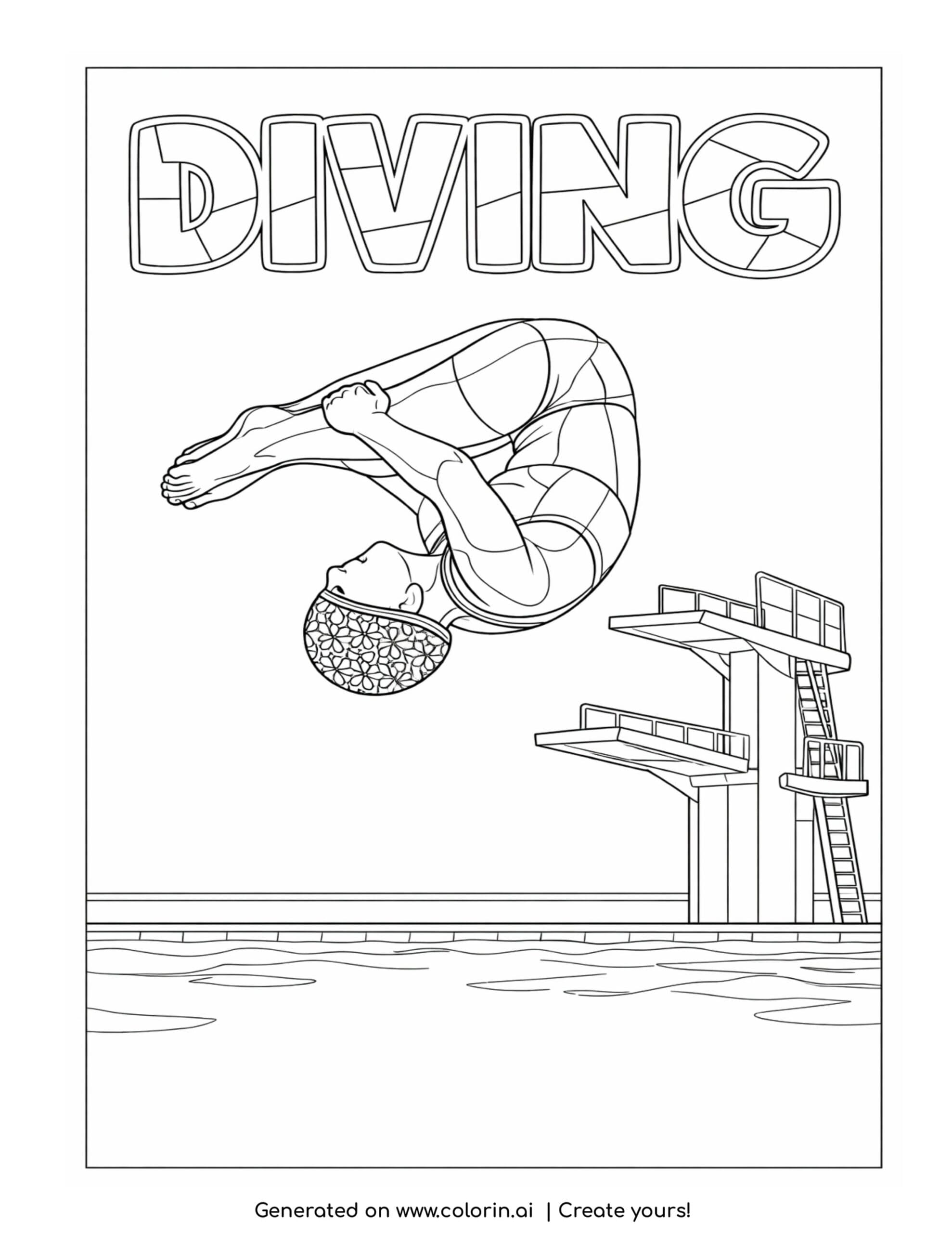 diver flipping above pool coloring page with diving board and water below