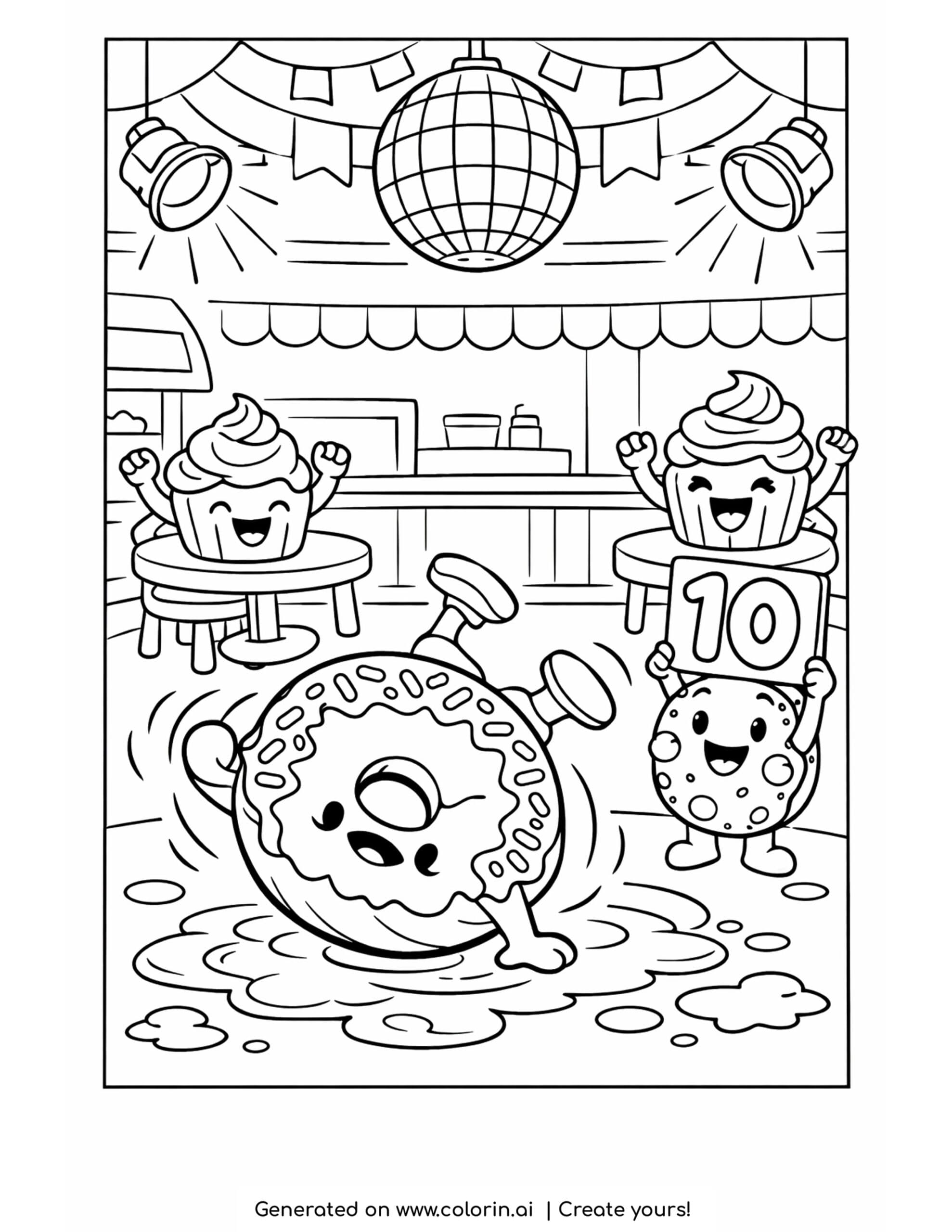 donut breakdance battle coloring page with bakery stage and cheering cupcakes