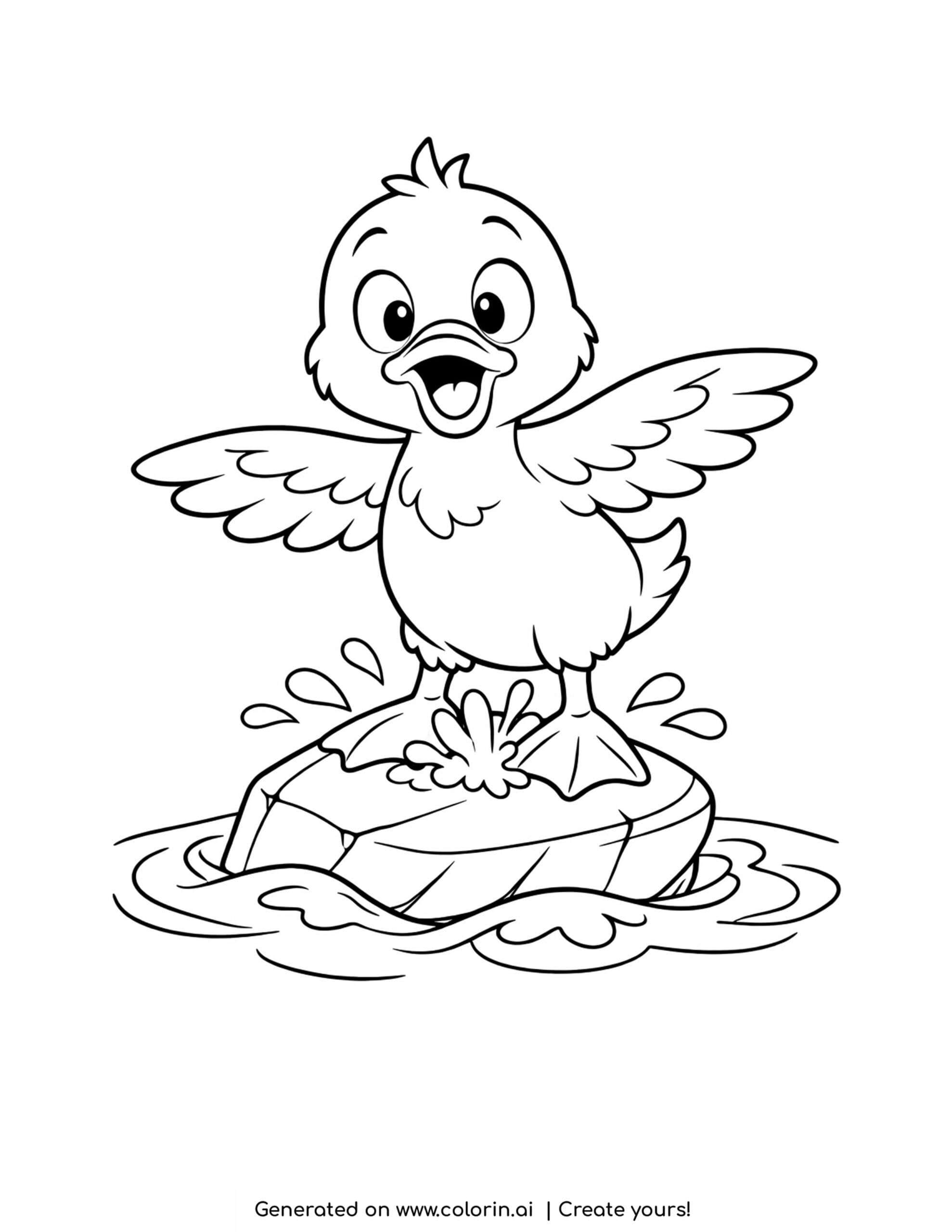 duck balancing on rock coloring page with splashing water