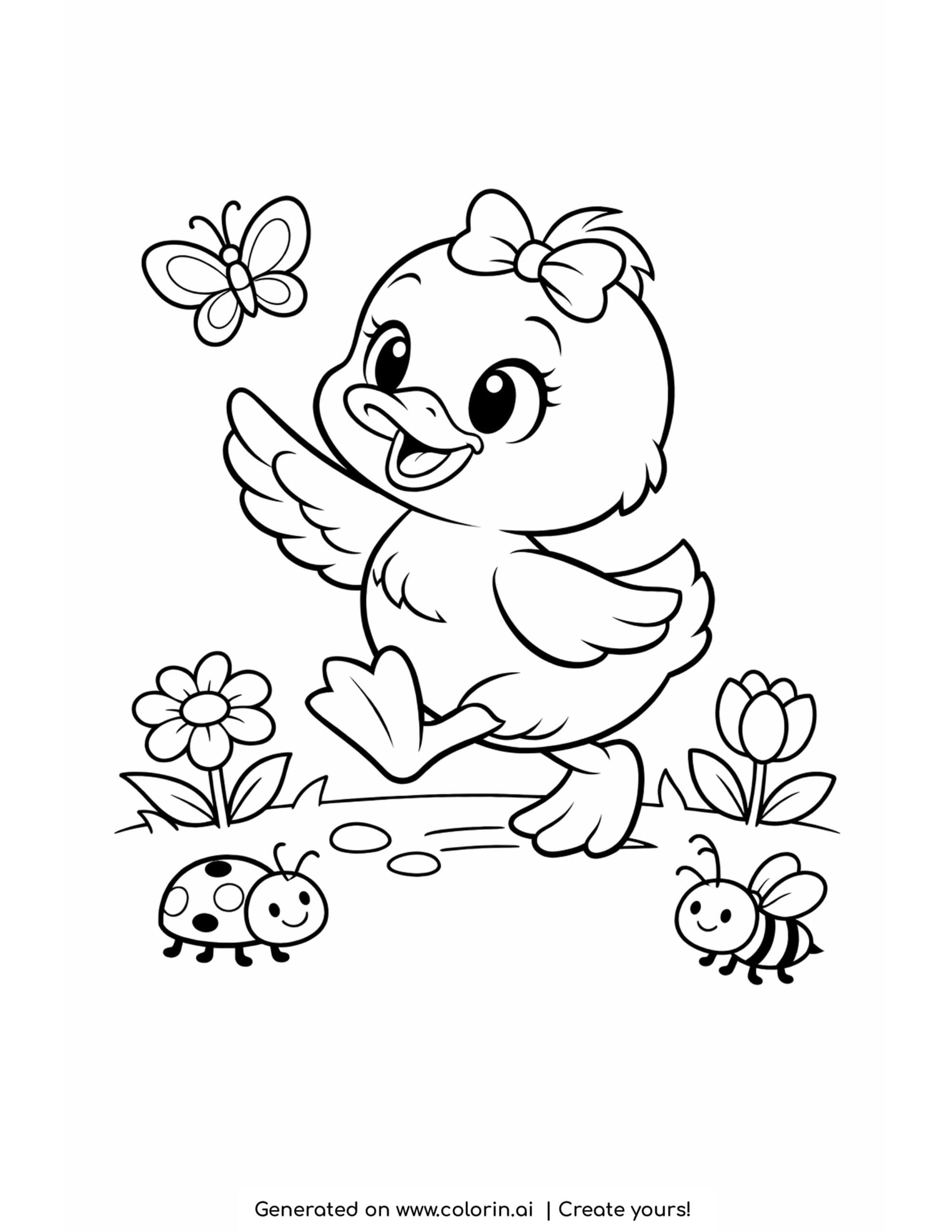 duck chasing a butterfly coloring page with flowers and tiny garden insects