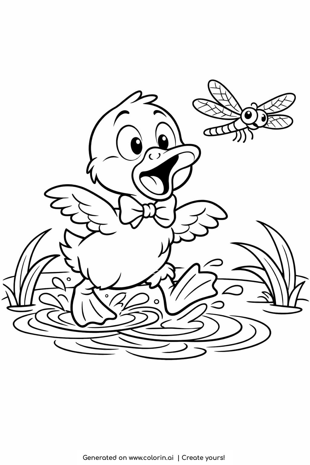 duck chasing a dragonfly coloring page with splashing pond water