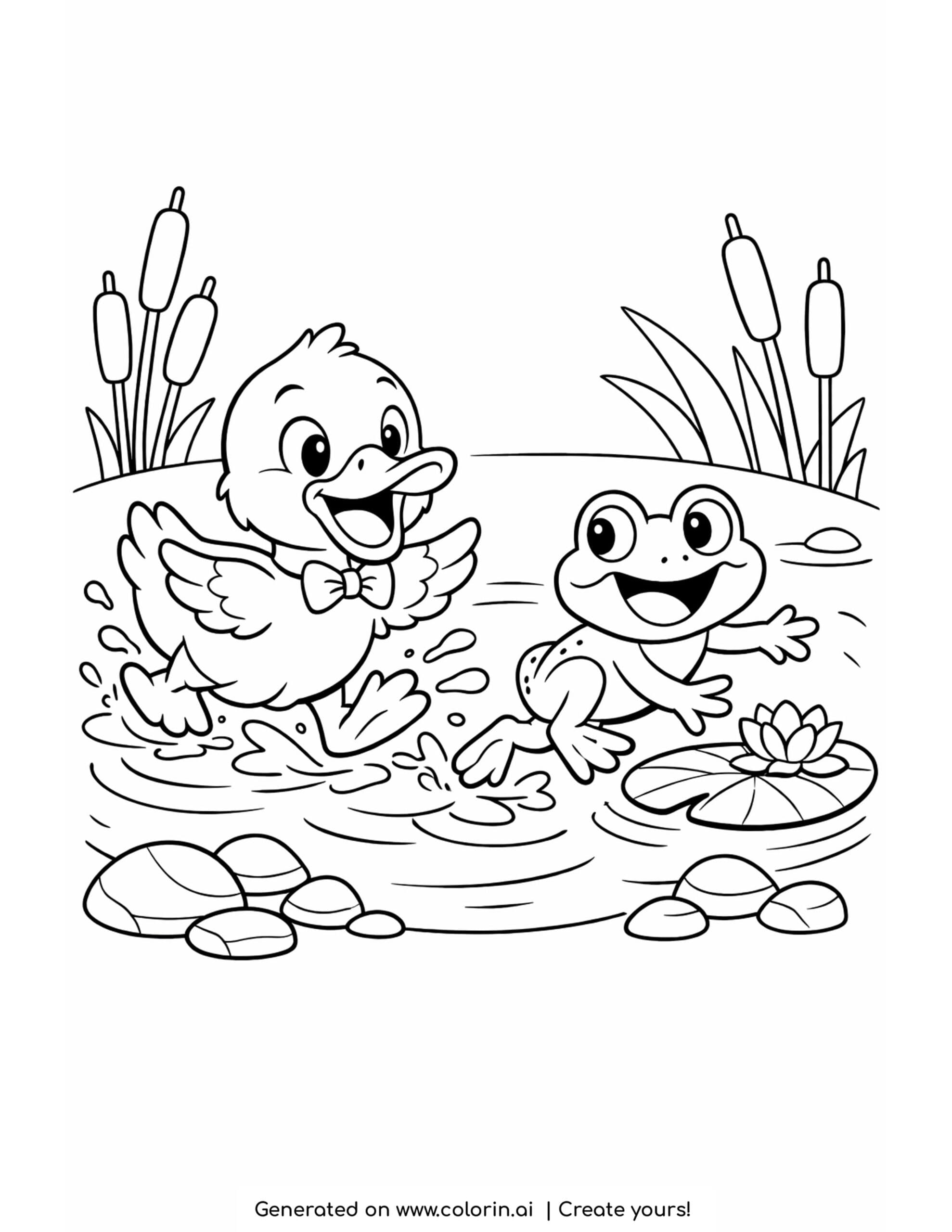 duck chasing a frog coloring page with pond splashes and lily pads