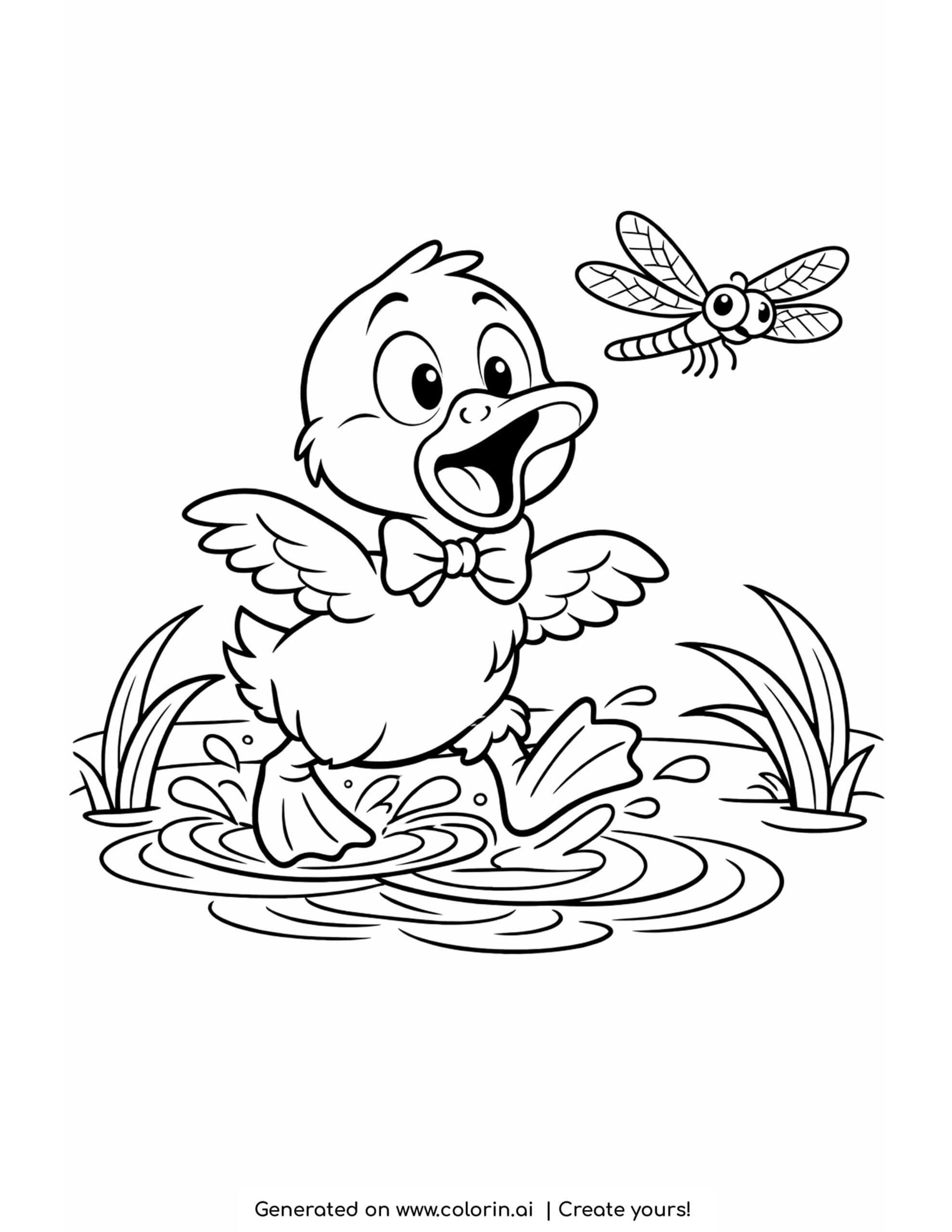 duck chasing dragonfly coloring page with splashing pond water