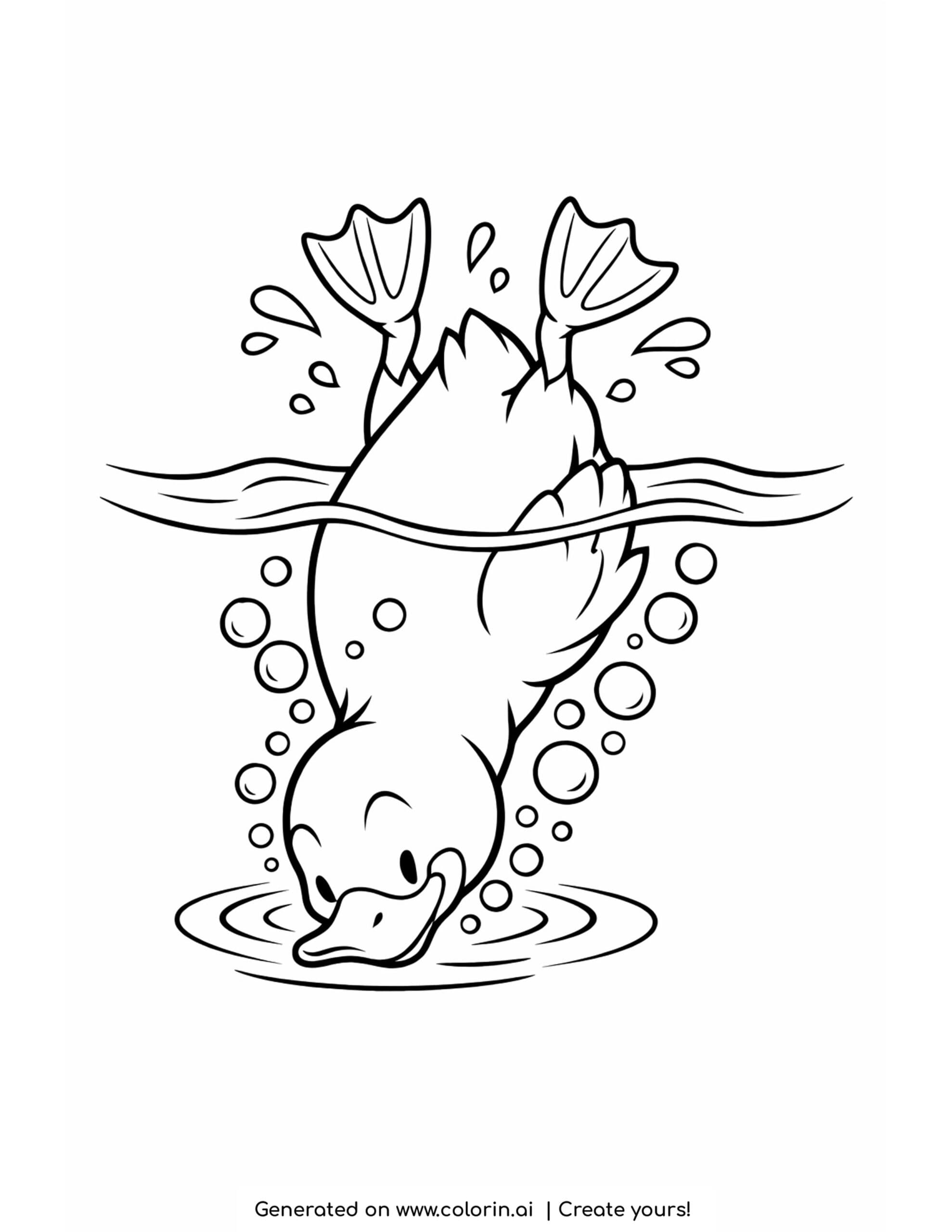 duck diving into pond coloring page with bubbles and water splashes