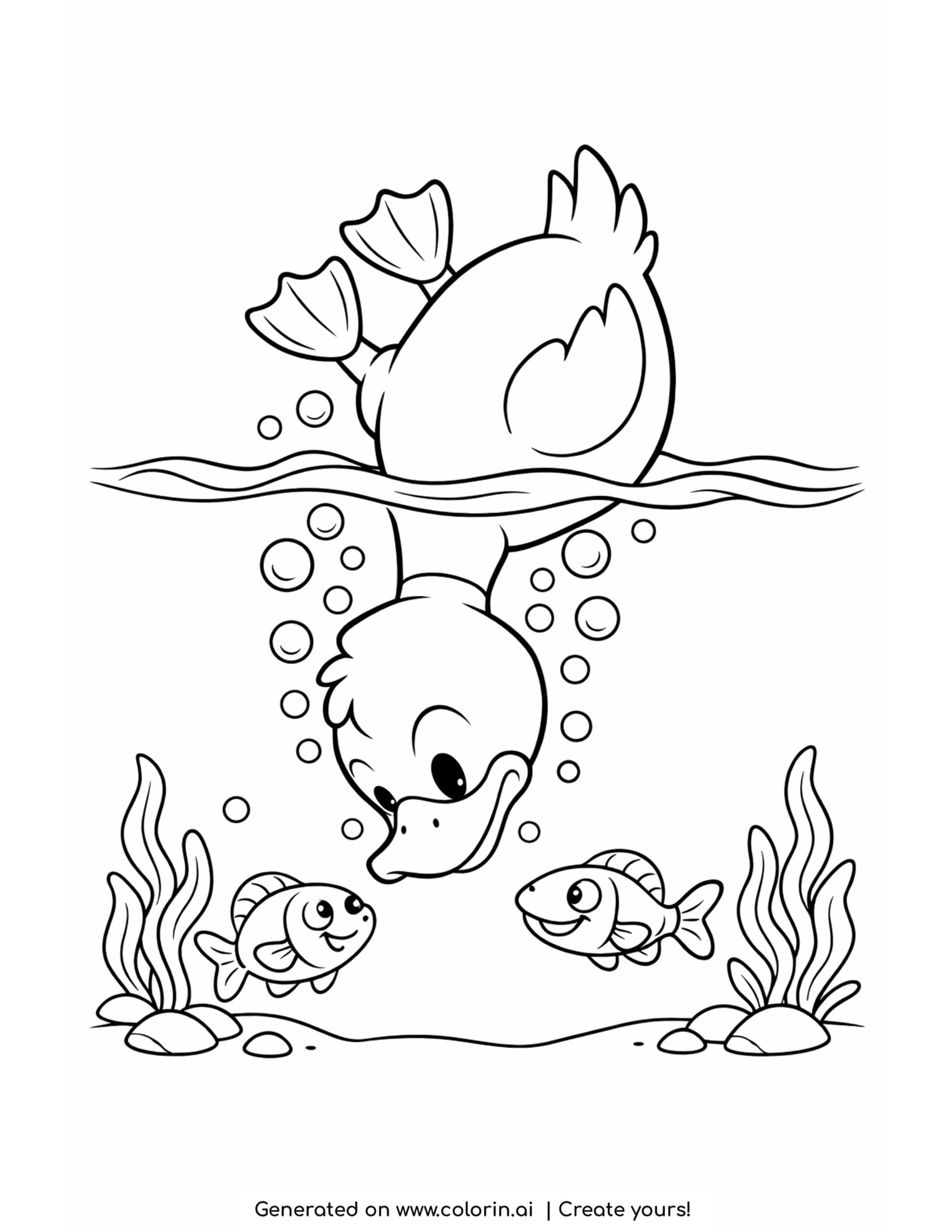 duck diving underwater coloring page with fish and bubbles