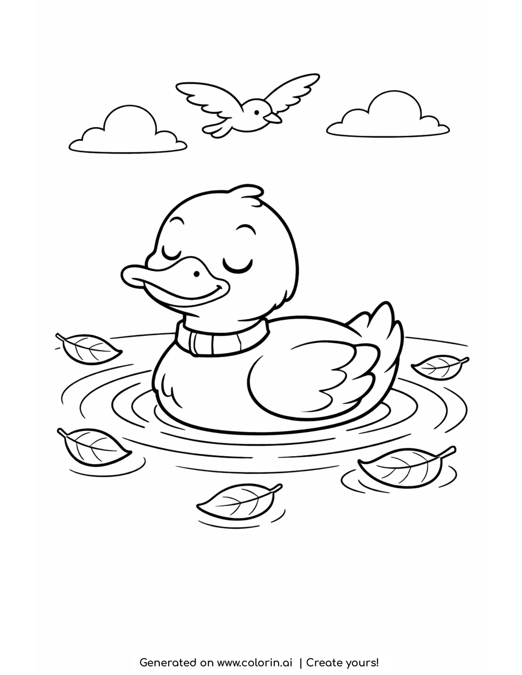 duck floating on water coloring page with leaves and ripples