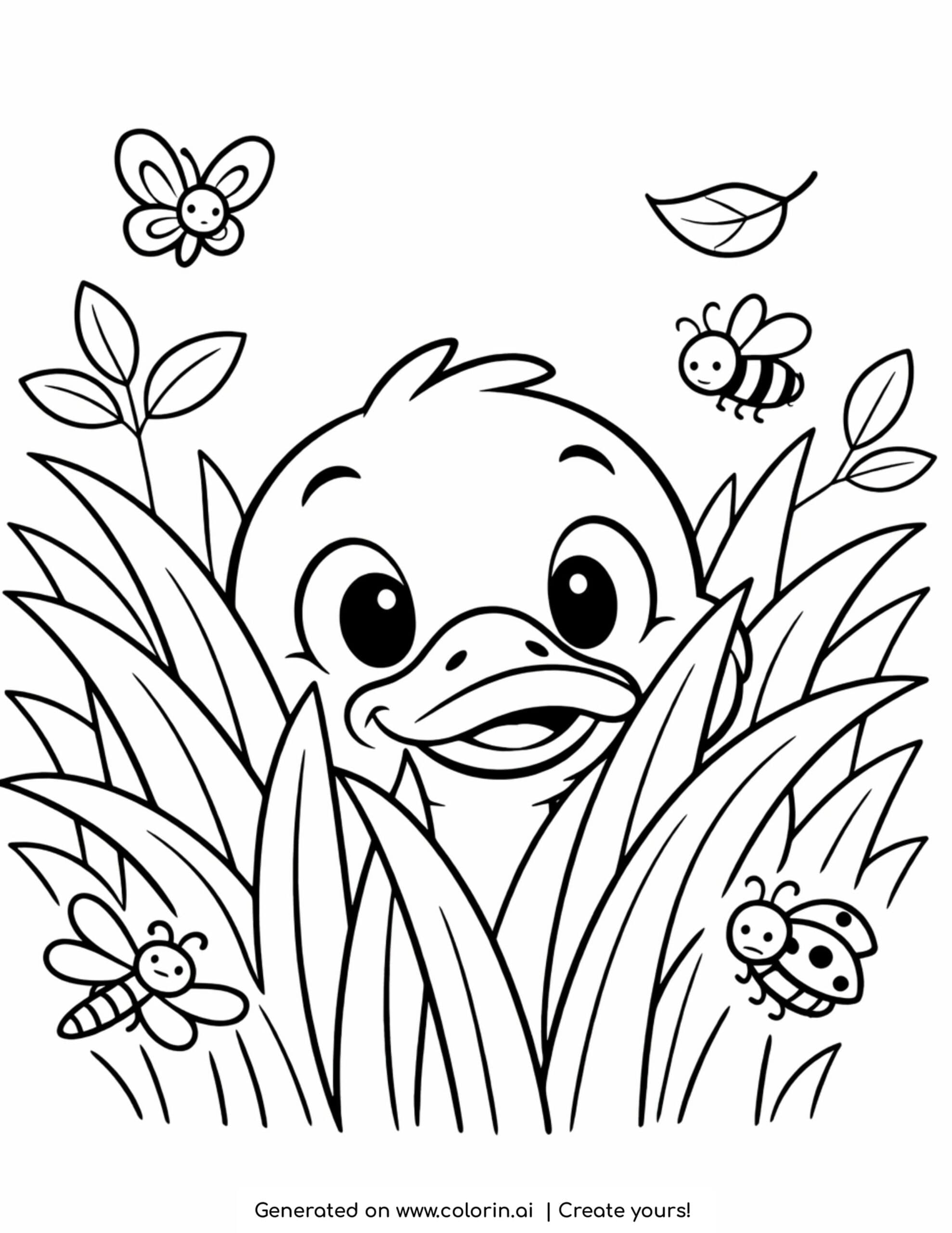 duck hiding in tall grass coloring page with bees, butterflies, and leafy plants