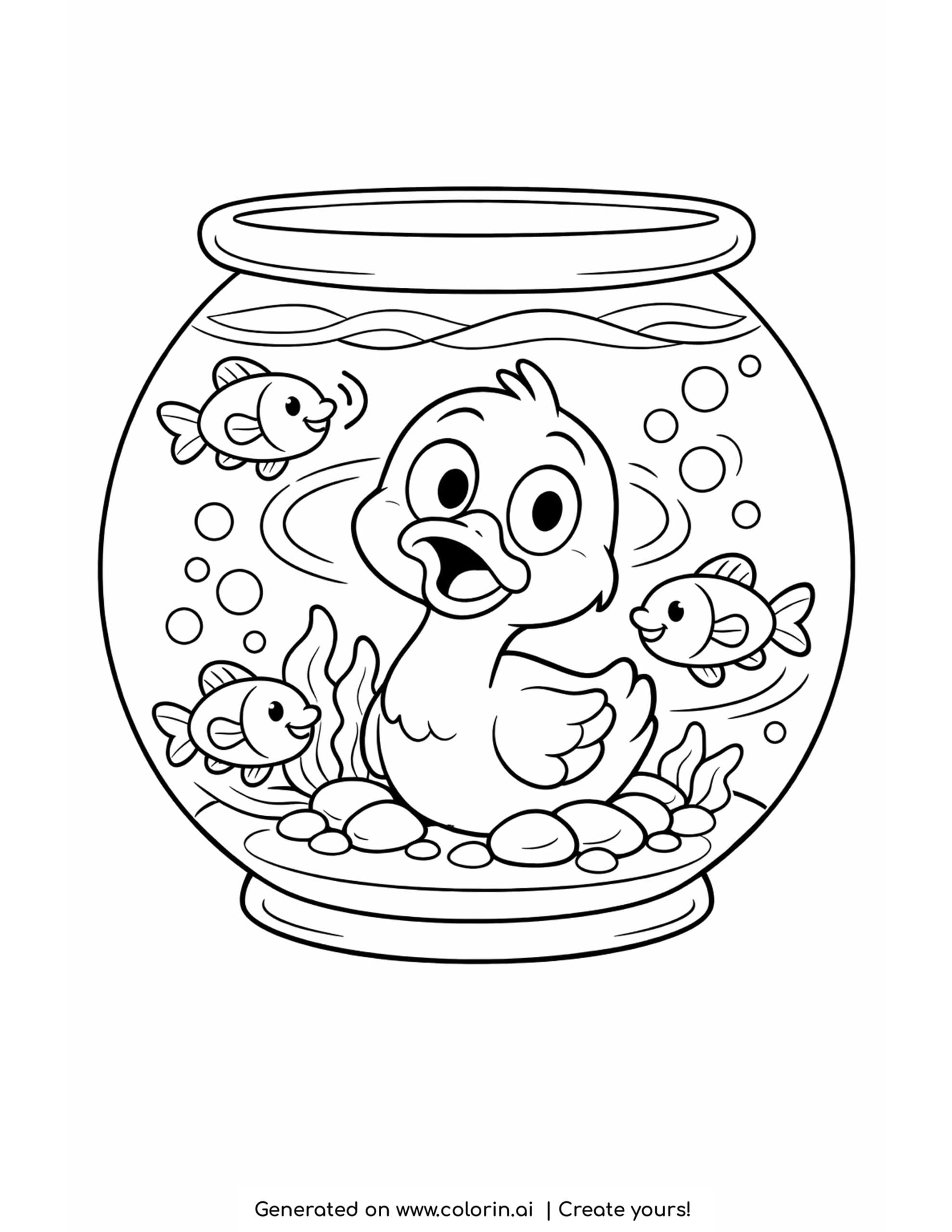 duck inside a fishbowl coloring page with smiling fish and floating bubbles