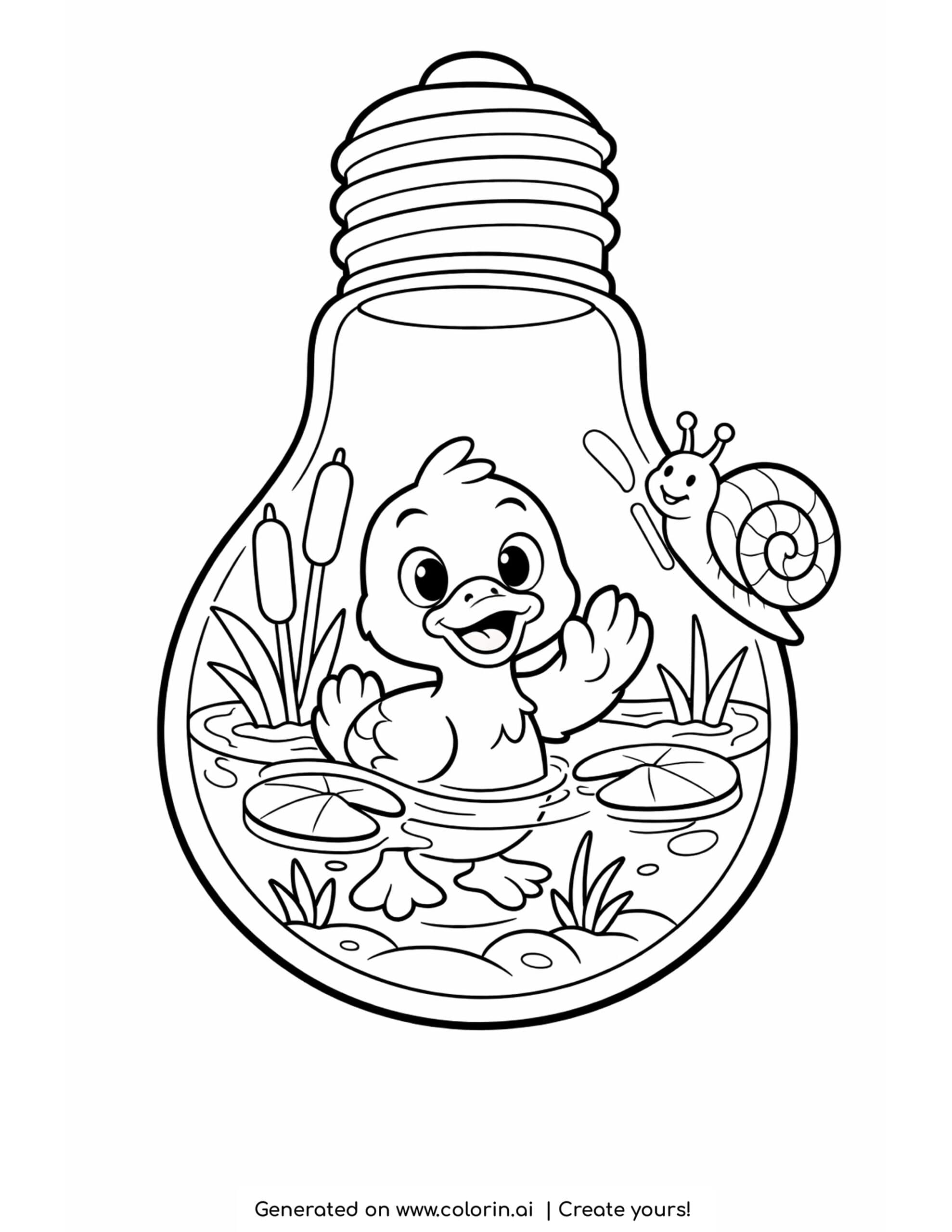 duck inside a lightbulb coloring page with a tiny pond and smiling snail