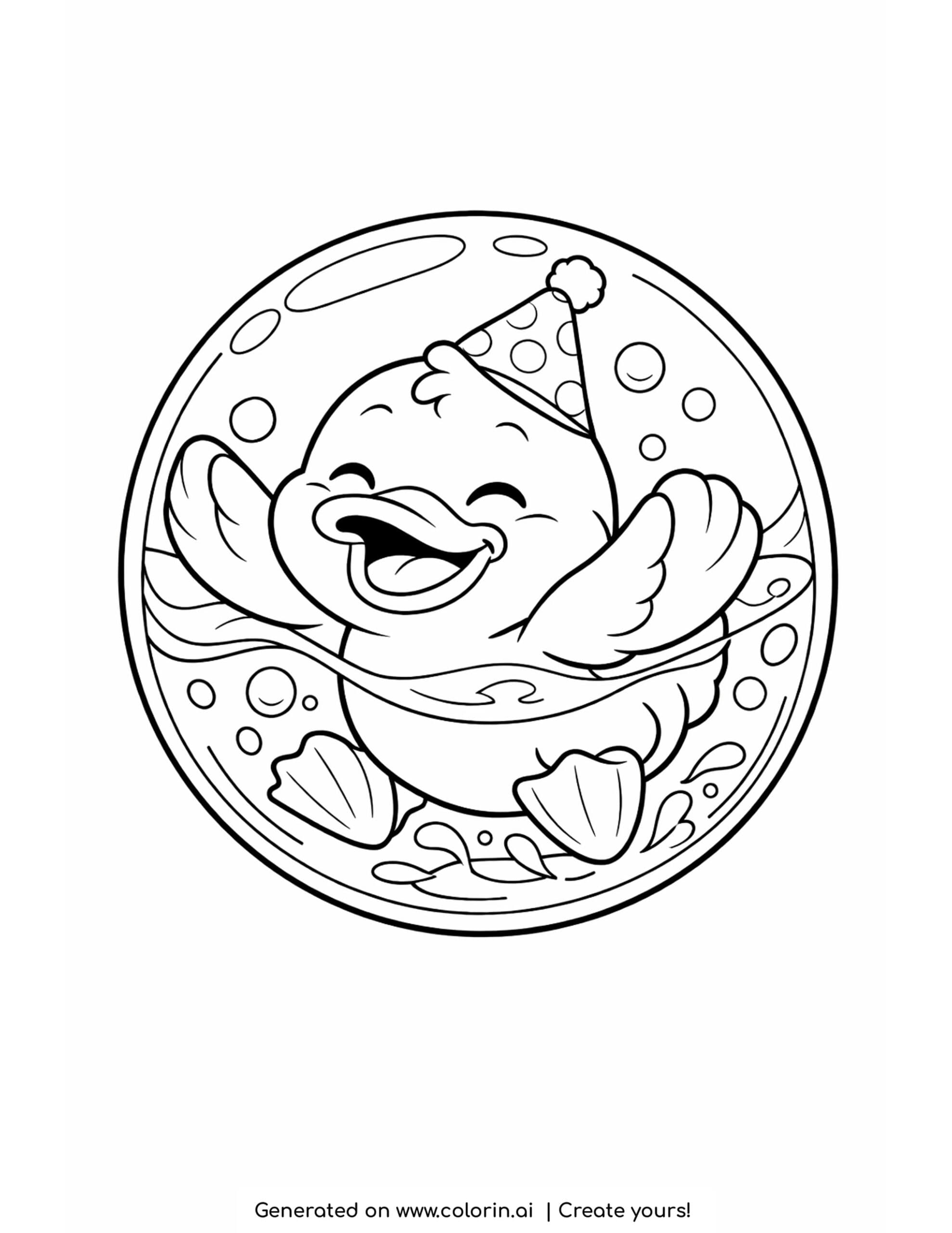 duck inside a soap bubble coloring page with a party hat and water splashes