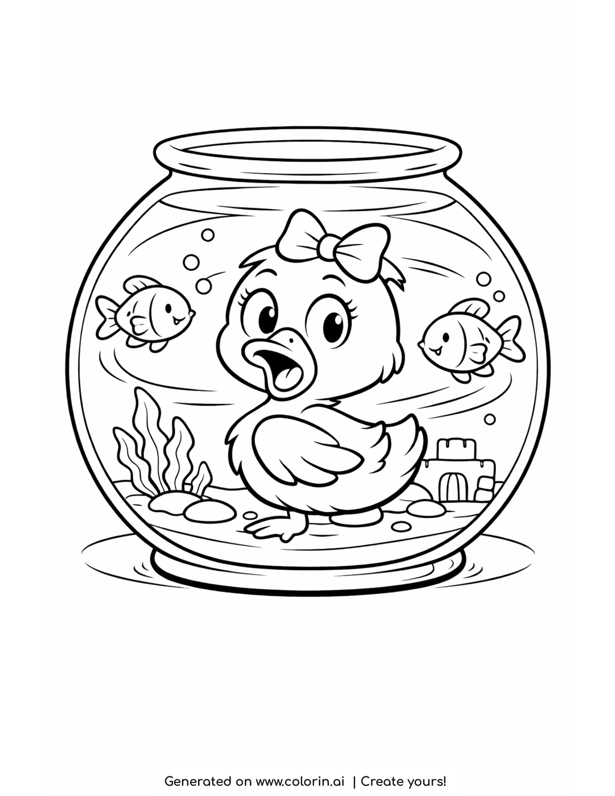 duck inside fishbowl coloring page with fish swimming around