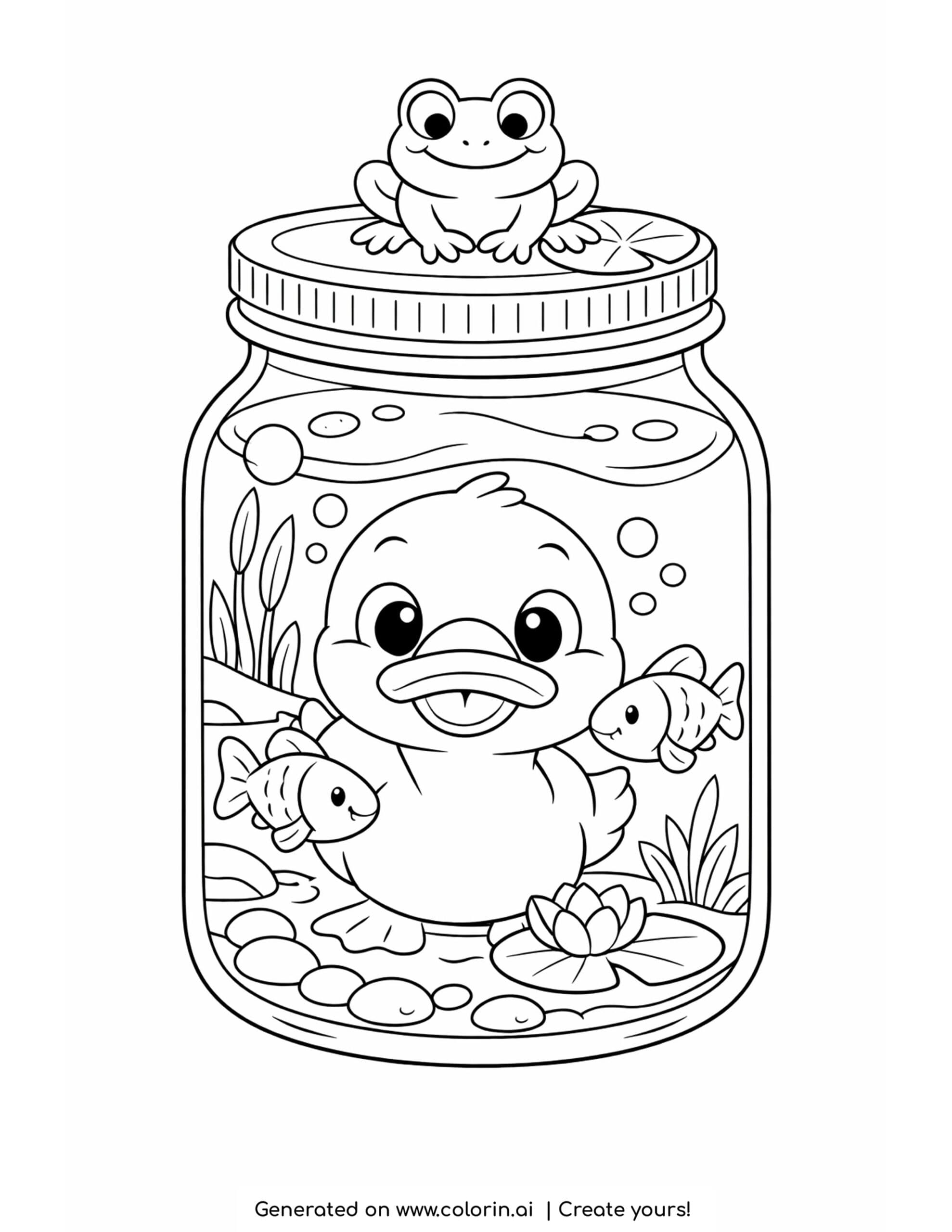 duck inside glass jar coloring page with fish and frog