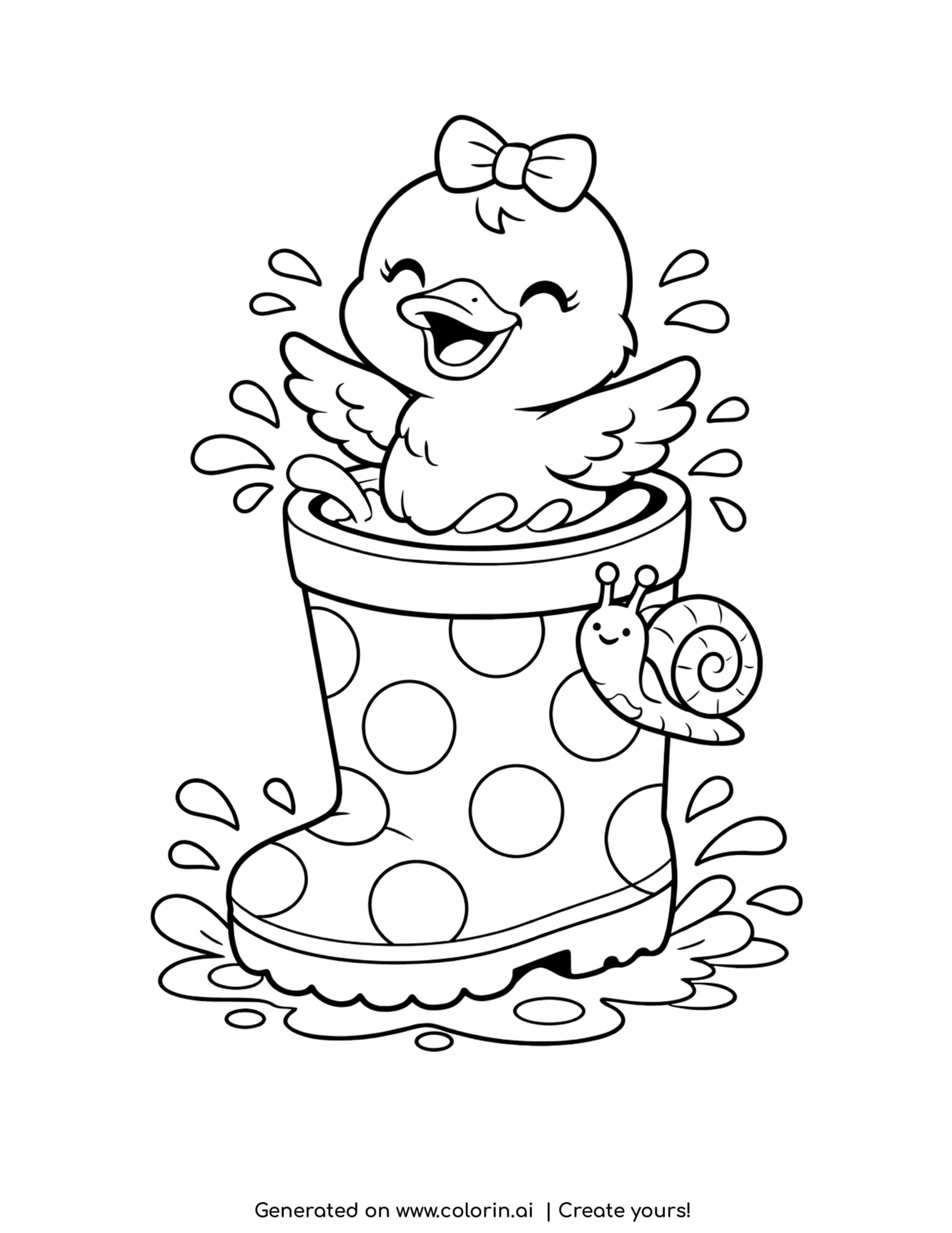 duck inside rain boot coloring page with water splashes and snail