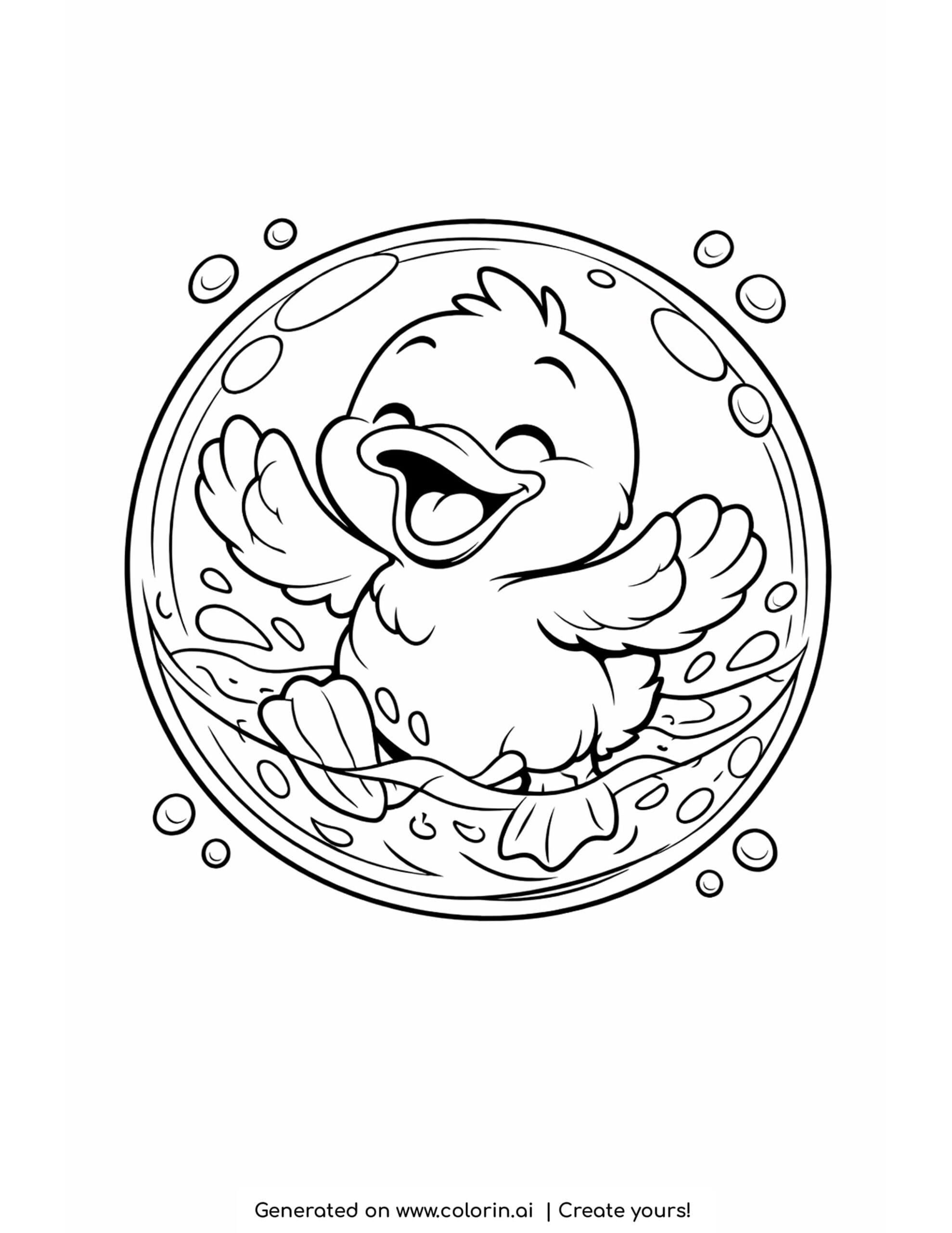 duck inside soap bubble coloring page with floating water bubbles