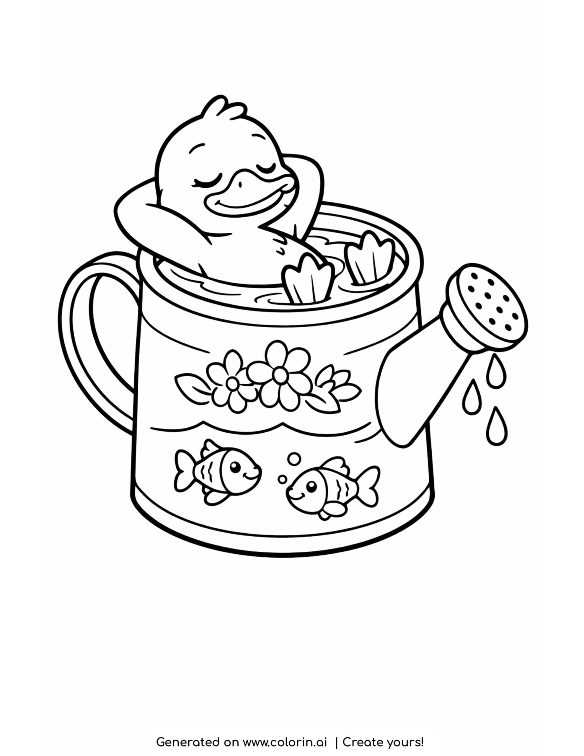 duck inside watering can coloring page with fish and water drops