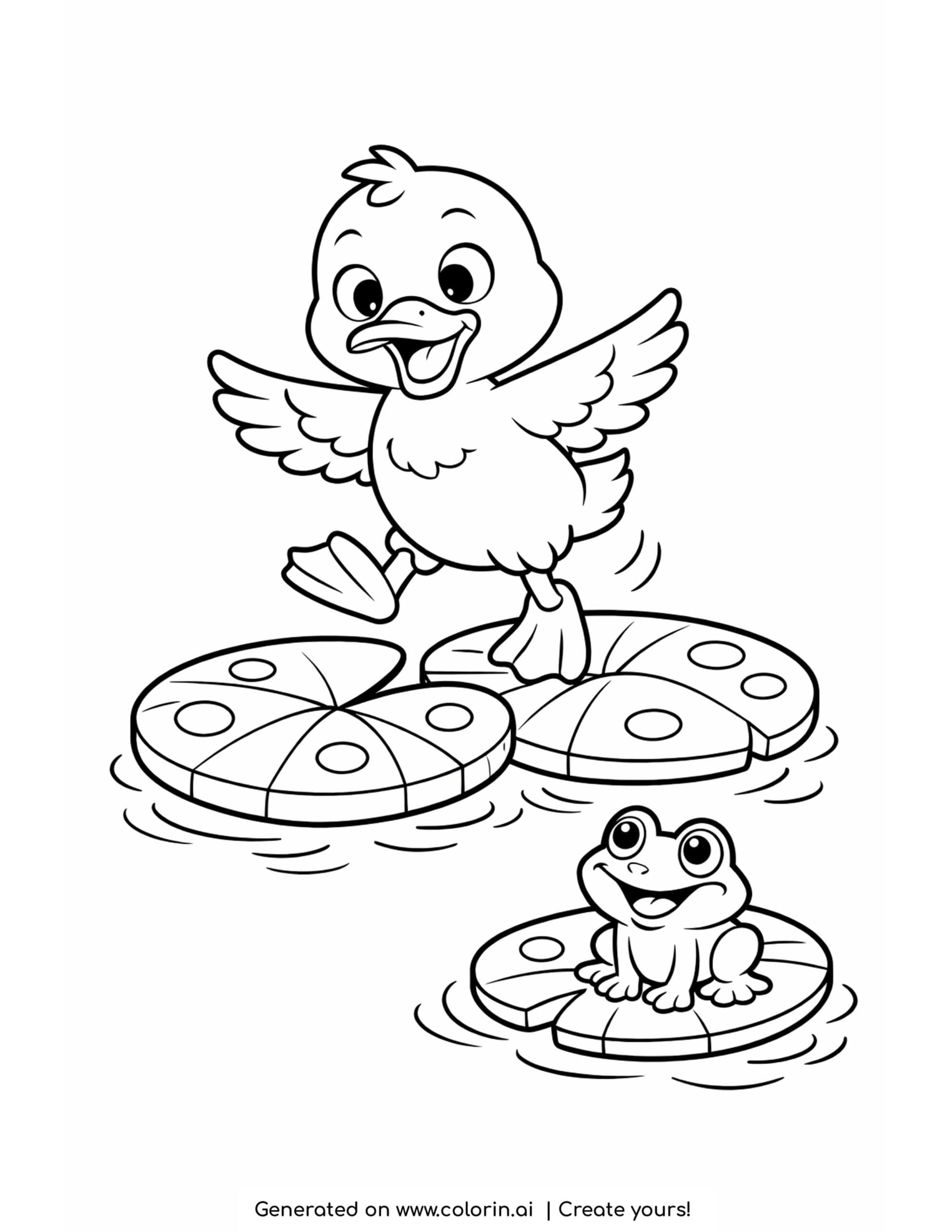 duck jumping on lily pads coloring page with frog and pond ripples
