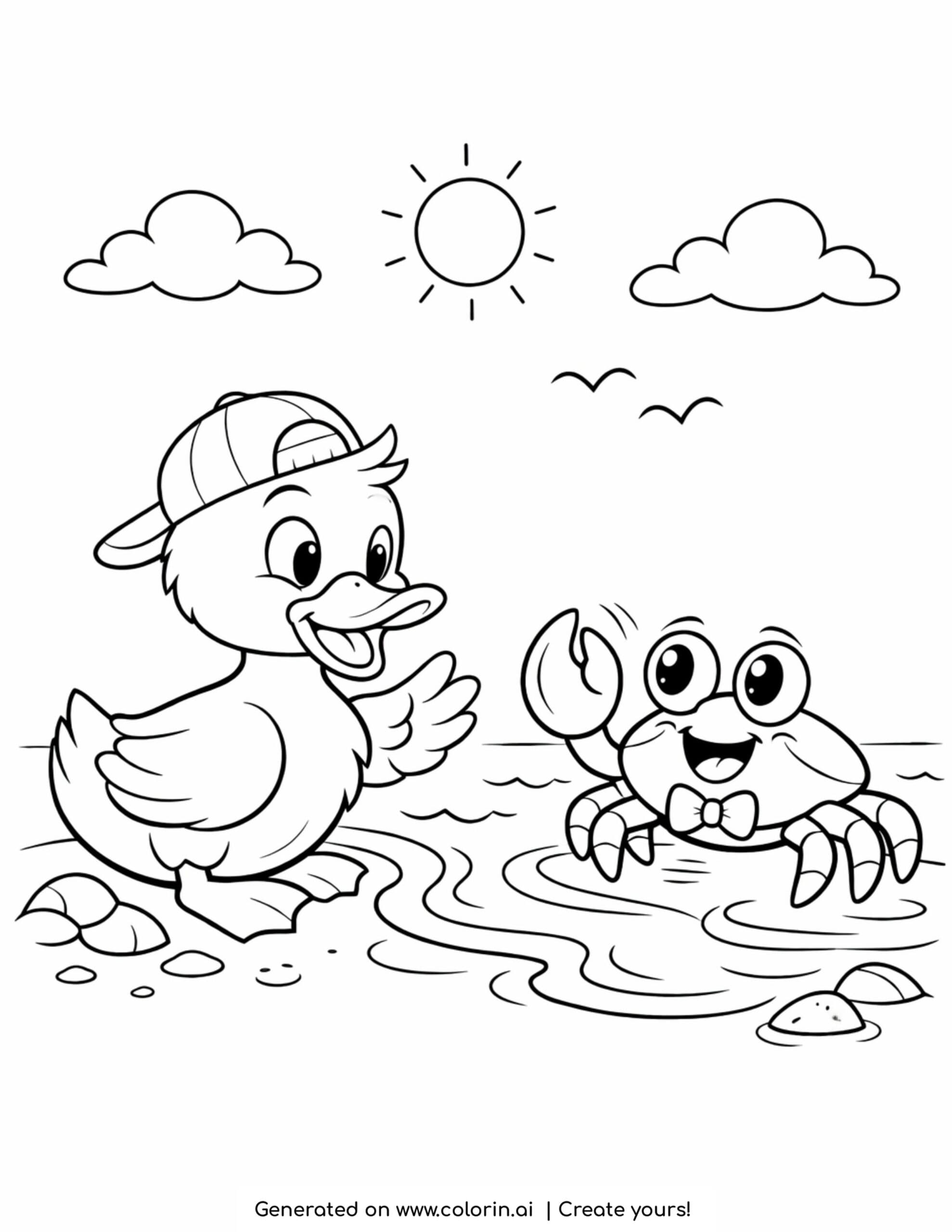duck meeting a crab coloring page with gentle waves and sunny beach details