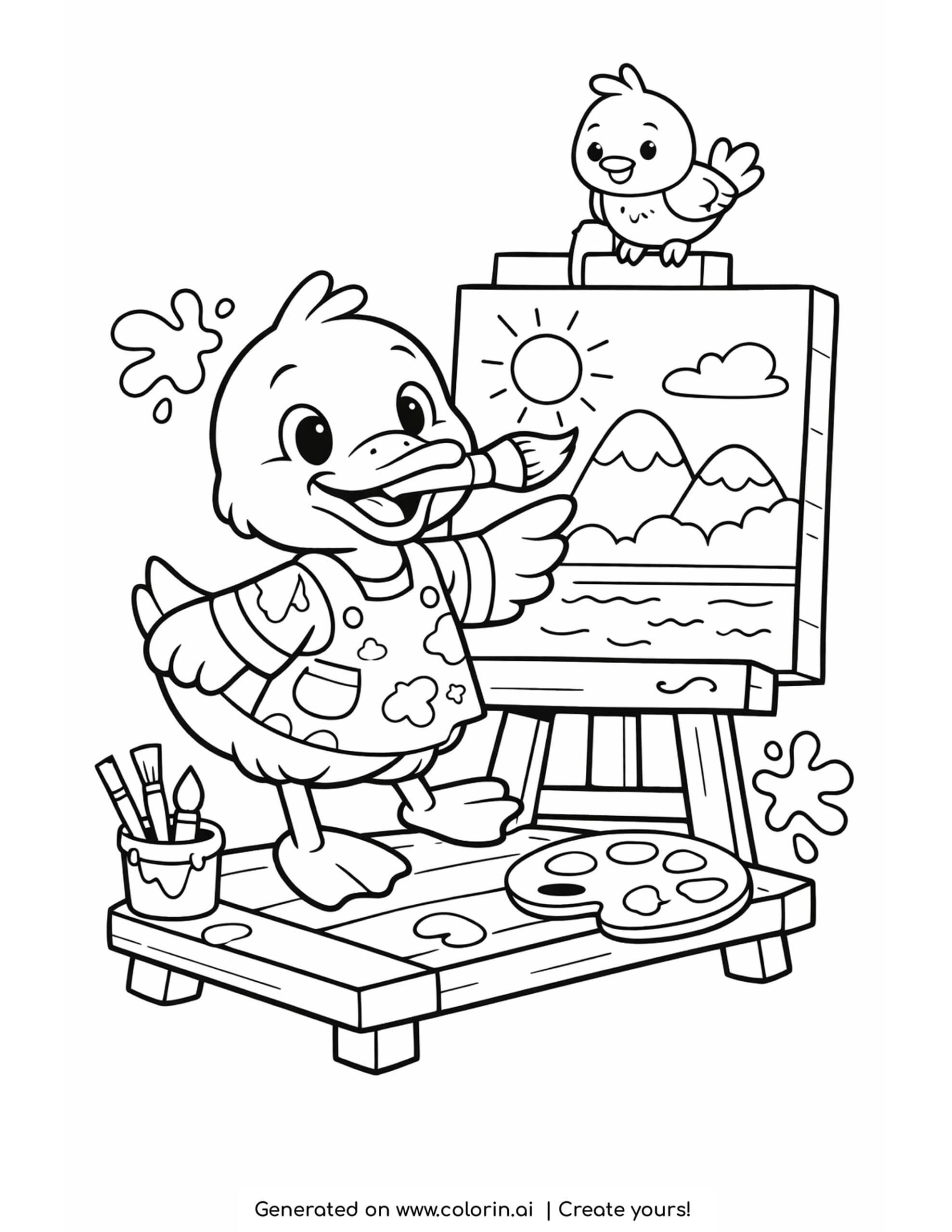 duck painting on canvas coloring page with easel and paint palette