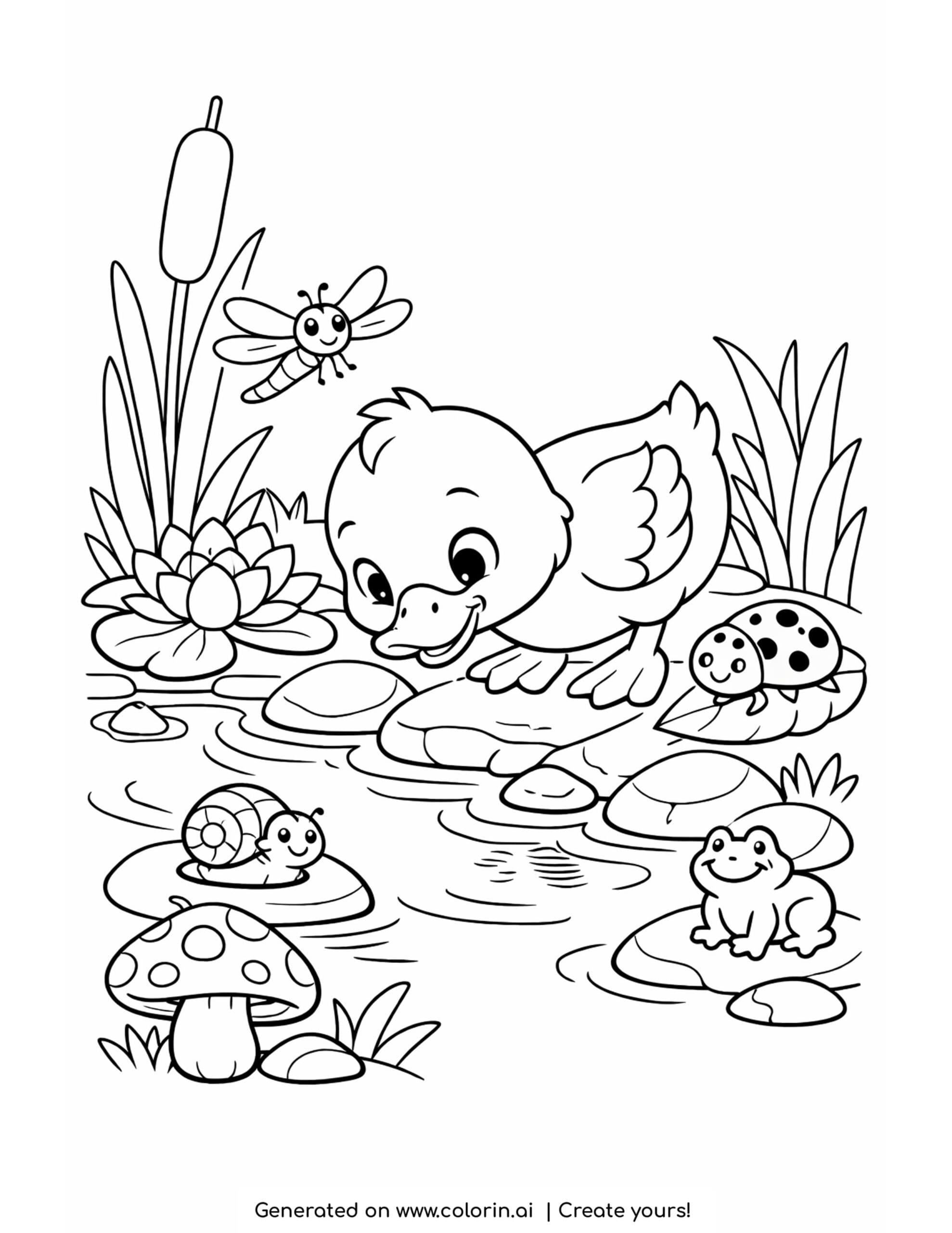 duck peeking into pond coloring page beside frogs and lily pads