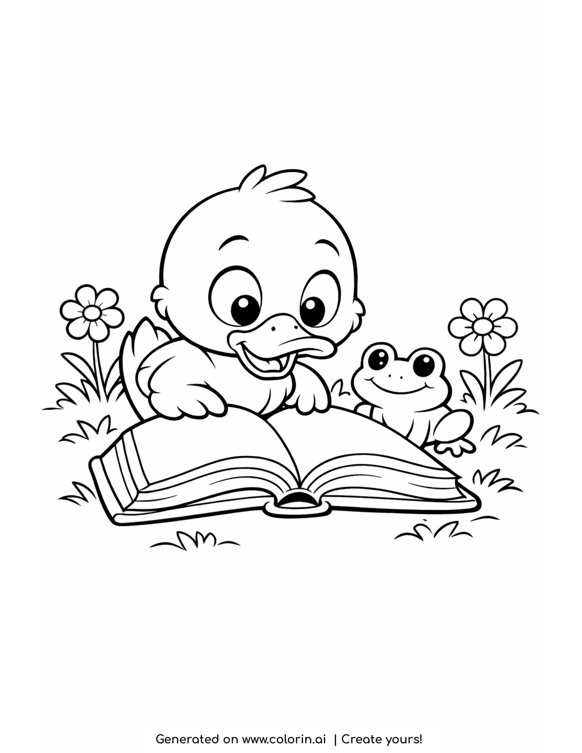 duck reading a storybook coloring page with frog and flowers